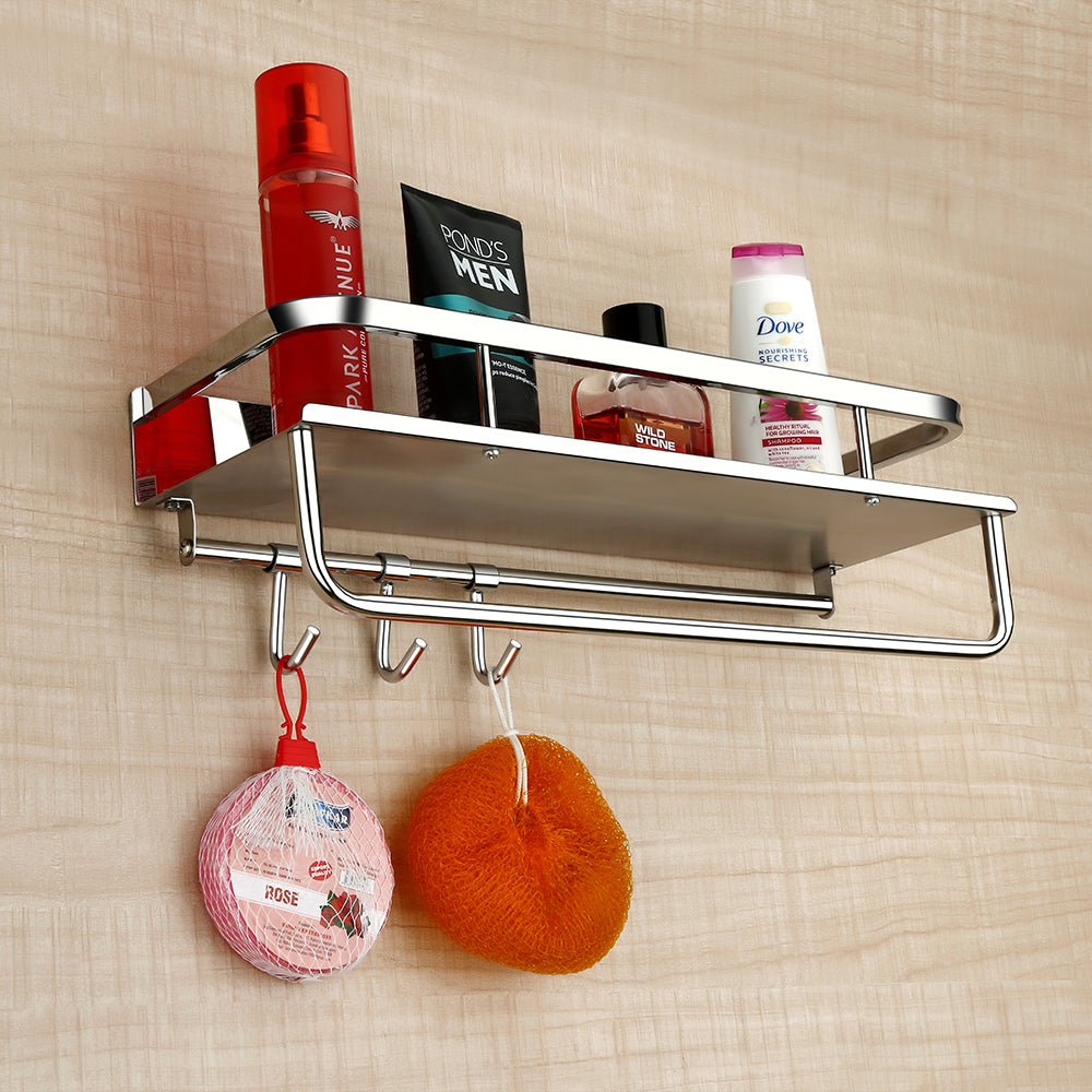 Qeyra (MP-5201) Multipurpose Stainless Steel Bathroom Shelf with Hooks & Towel Hanger/Rod/Rack for Bathroom Storage/Bathroom Accessories/Wall Mounted (5x15 inches/Chrome Plating)