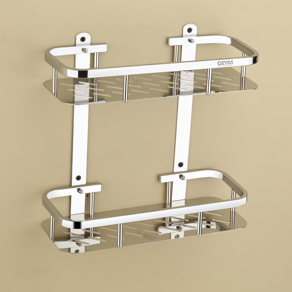 Qeyra Matrix (MP-5203) Multipurpose Stainless Steel Bathroom 2 layers Shelf with Hooks//Rack for Bathroom Storage/Bathroom Accessories/Wall Mounted (5x15 inches/Chrome Plating)
