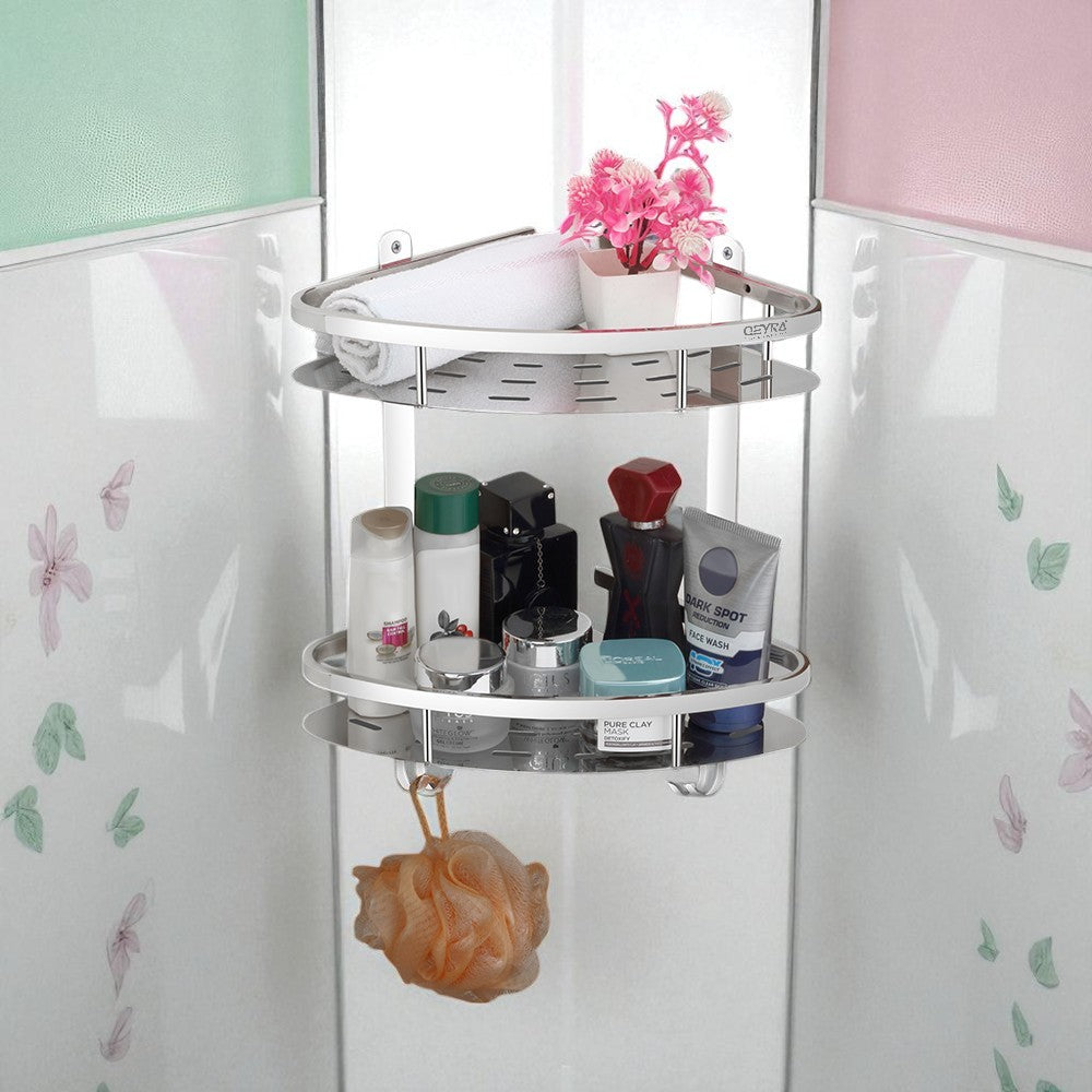 Qeyra Matrix (MP-5206) Multipurpose Stainless Steel Bathroom 2 layers Corner Shelf with Hooks//Rack Corner for Bathroom Storage/Bathroom Accessories/Wall Mounted (12x12 inches/Chrome Plating)
