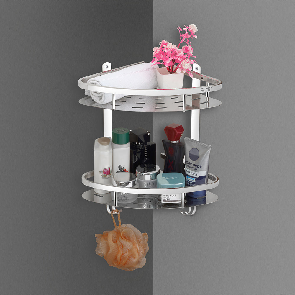 Qeyra Matrix (MP-5206) Multipurpose Stainless Steel Bathroom 2 layers Corner Shelf with Hooks//Rack Corner for Bathroom Storage/Bathroom Accessories/Wall Mounted (12x12 inches/Chrome Plating)