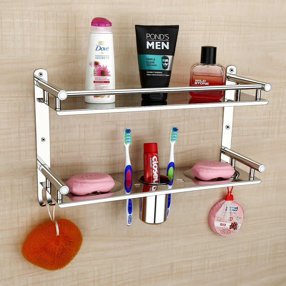 Qeyra (SO-5111) Stainless Steel 5 in 1 Multi-use Rack for Bathroom, Bathroom Shelf, Soap Stand/Tumbler Holder/Toothbrush Holder/Bathroom Stand/Bathroom Rack/Bathroom Accessories (Number of Shelves - 2, (5x16x11 Inches)Chrome Finish)