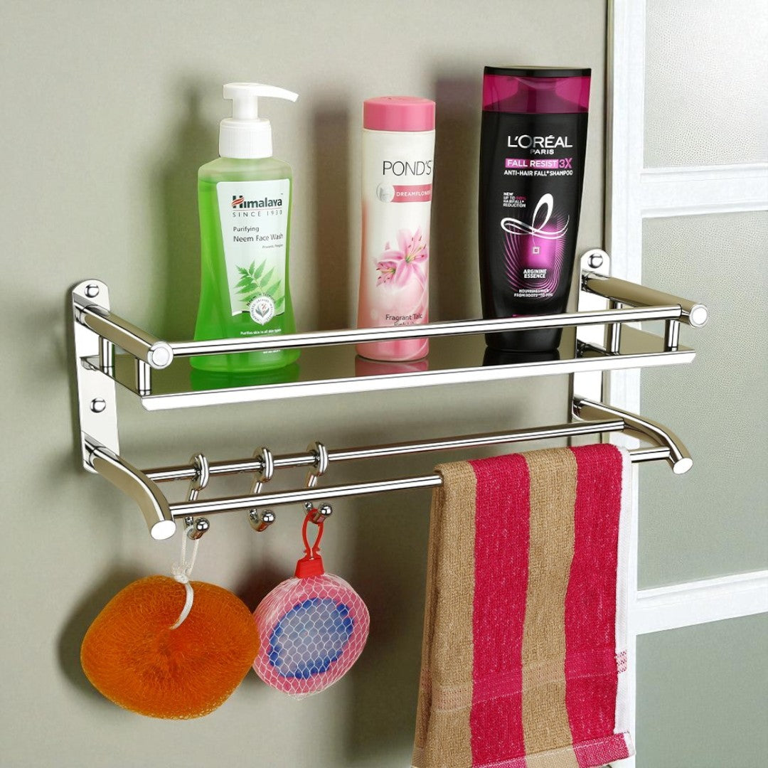 Qeyra (SO-5108) Stainless Steel Multi-use Rack for Bathroom, Bathroom Shelf With Hooks,Towel Rod/Hanger/Bathroom Stand/Bathroom Rack/Bathroom Accessories (5x15x5 Inches) Chrome Finish