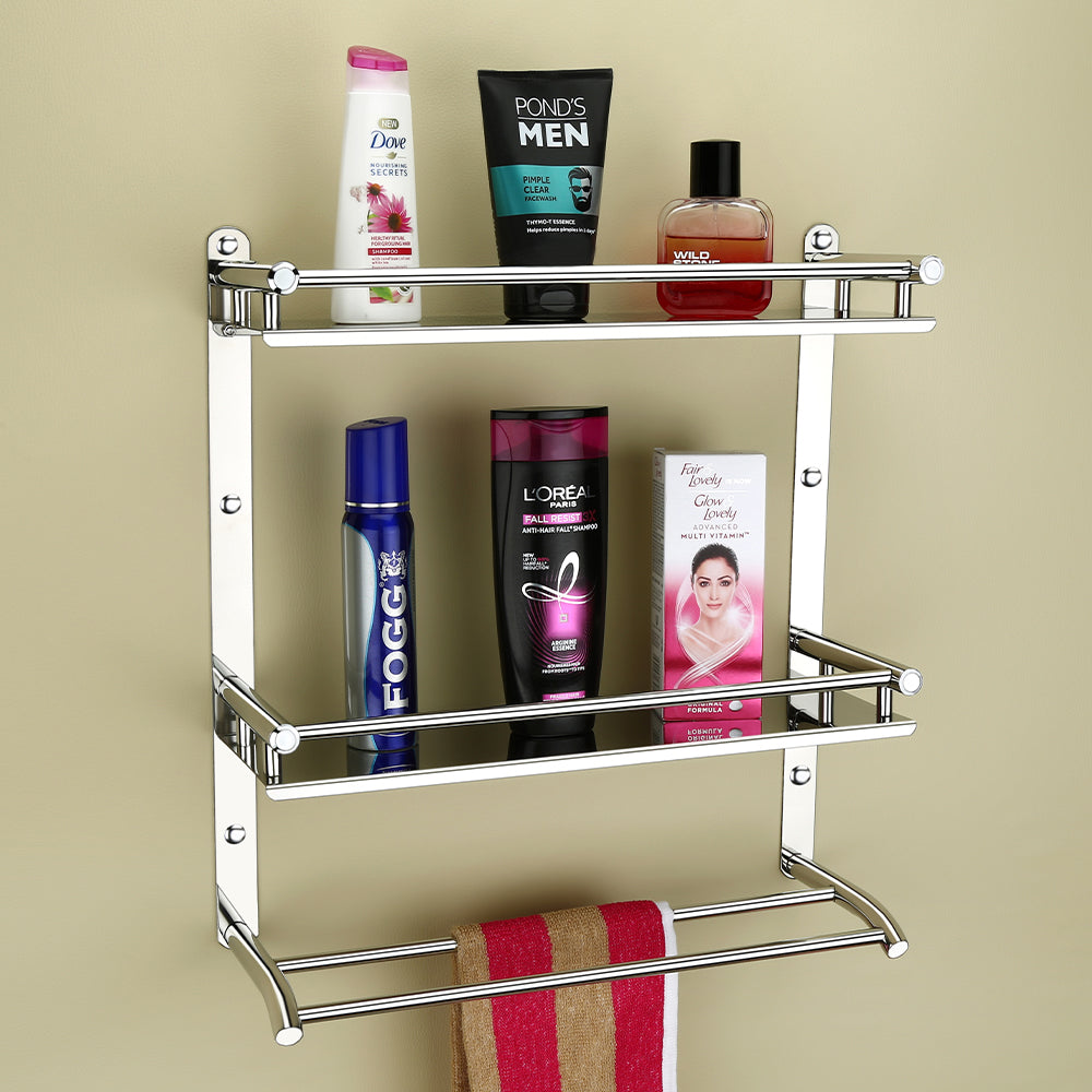 Qeyra (SO-5107) Stainless Steel Multi-use 3 Layer Rack For Bathroom, Bathroom Shelf With Towel Rod,Towel Rod/Hanger/Bathroom Stand/Bathroom Rack/Bathroom Accessories (5x15x5 Inches) Chrome Finish