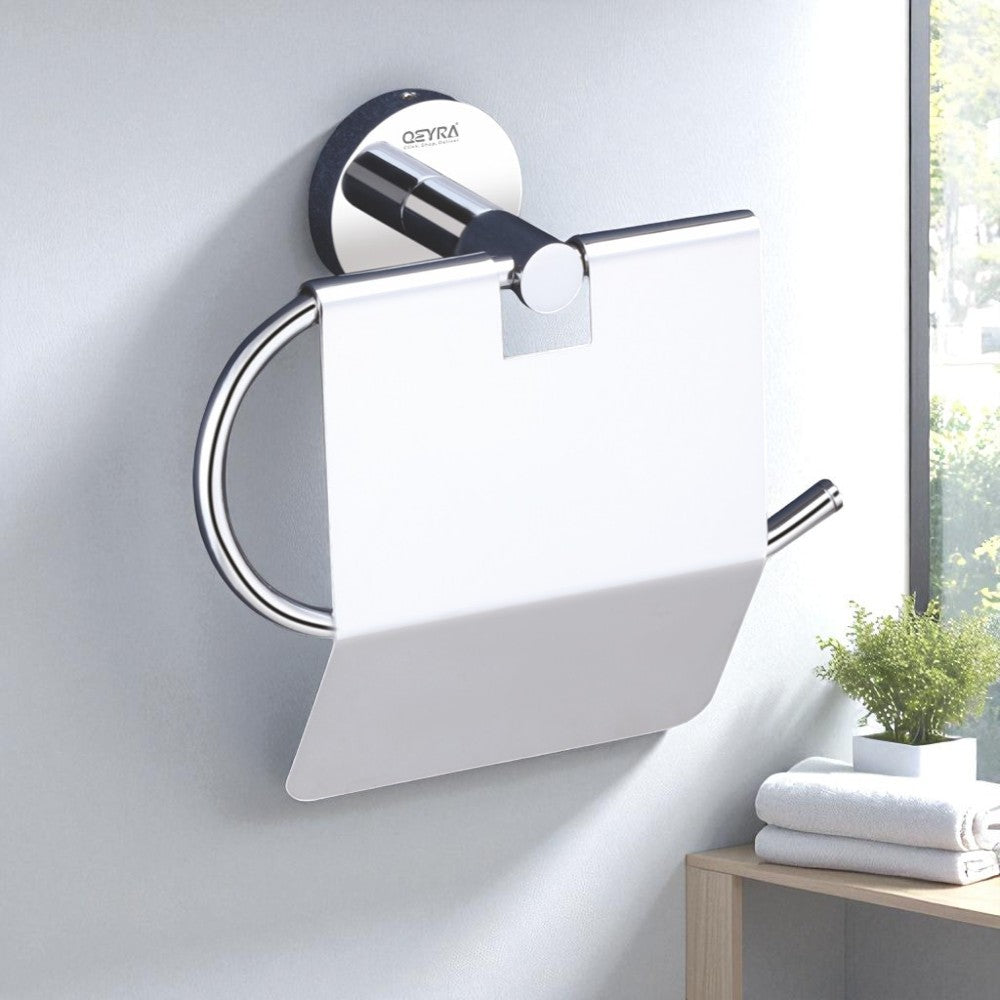 Qeyra Shine Stainless Steel 304 Grade Toilet Paper Holder/Toilet Paper Roll Holder with Mobile Stand/Toilet Paper Roll Holder Stand/Bathroom Accessories (Chrome)
