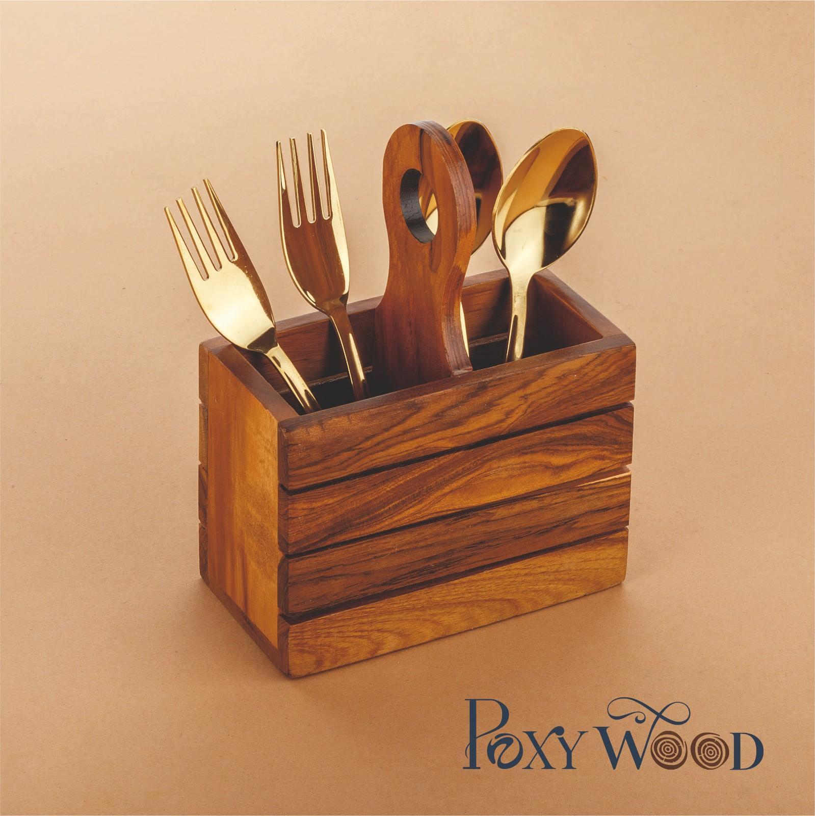 Polywood Teak Wood Double Spoon Stand With Holder