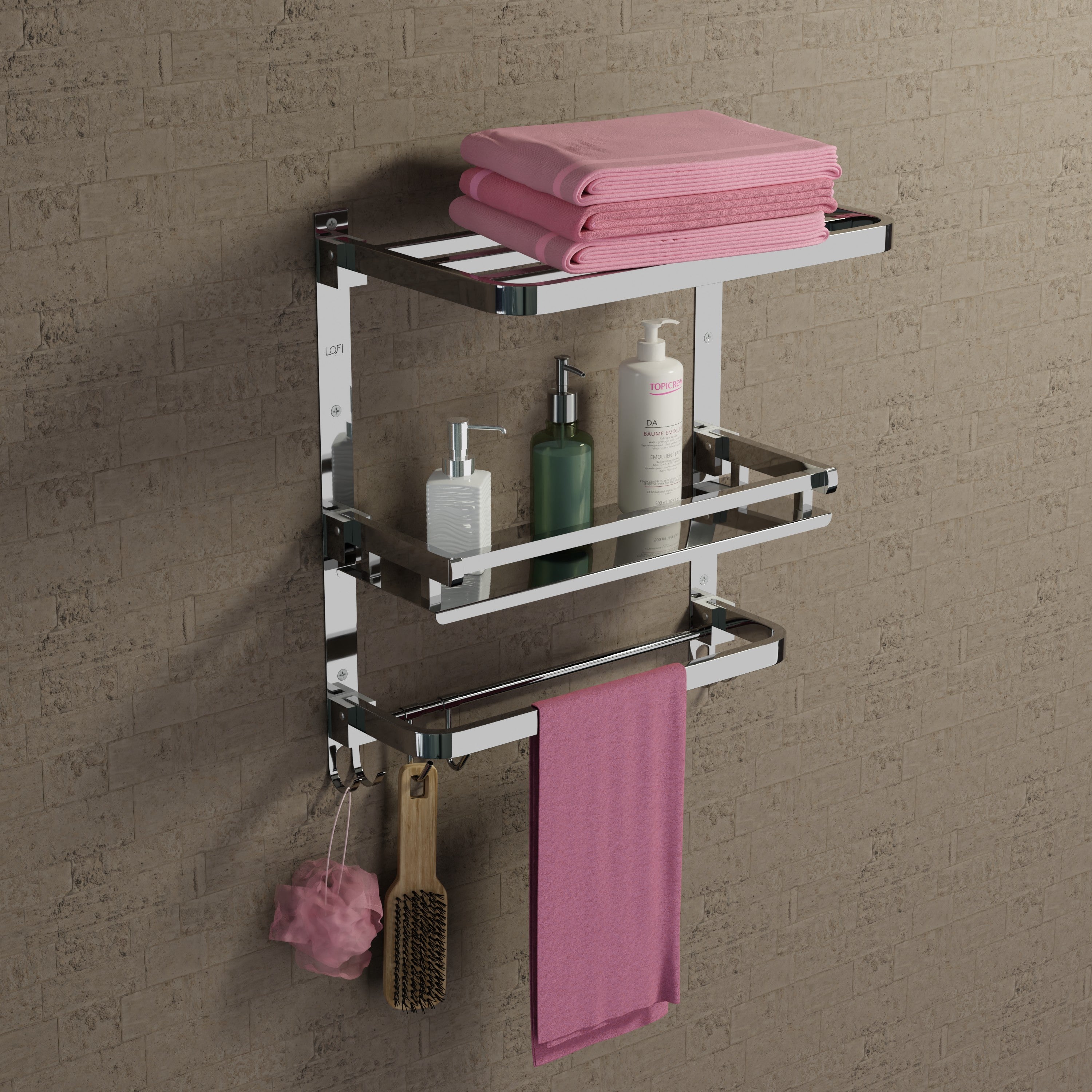 Qeyra (SL-007 Square) Stainless Steel 3 in 1 Foding Rack,Shelf and Rod For Bathroom