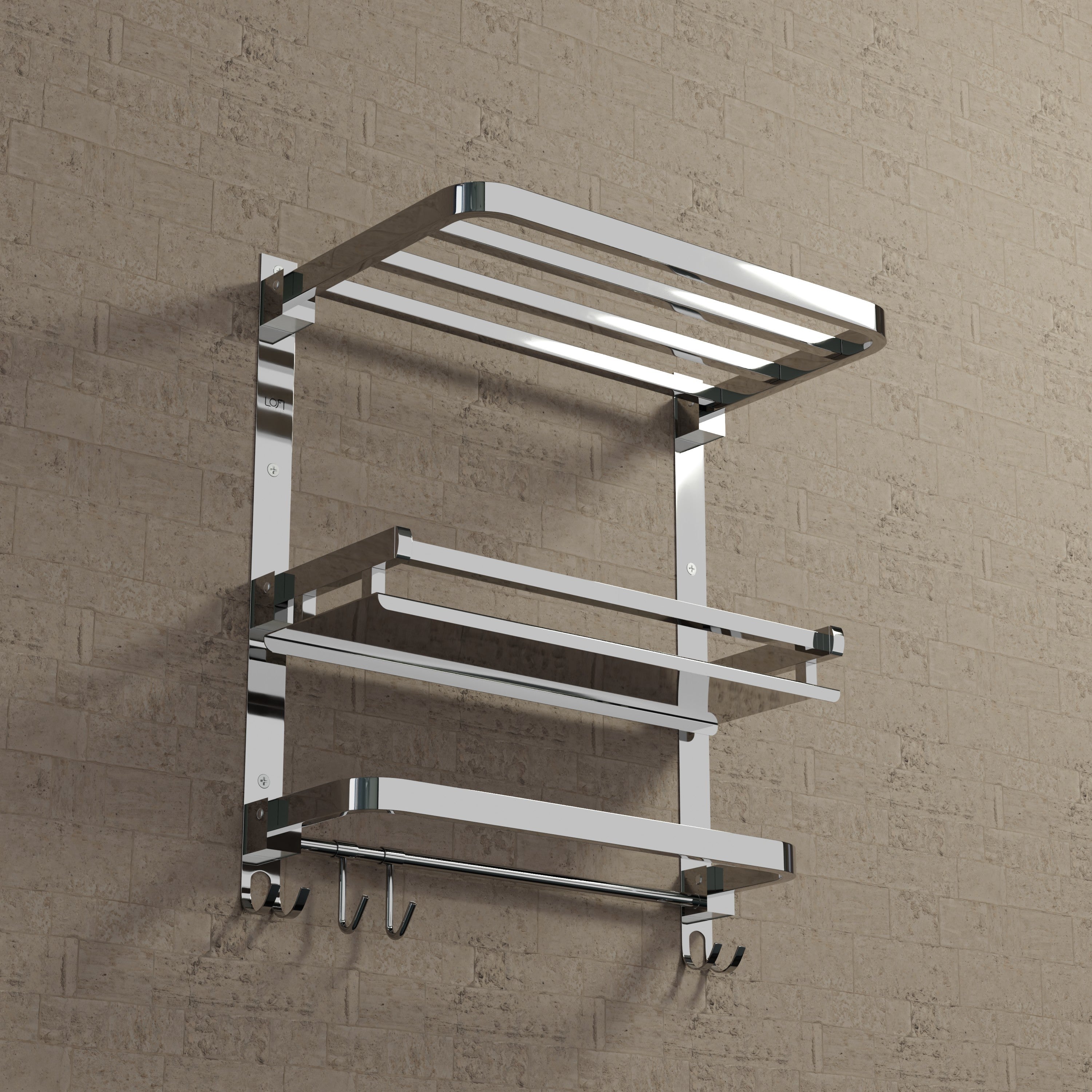 Qeyra (SL-007 Square) Stainless Steel 3 in 1 Foding Rack,Shelf and Rod For Bathroom