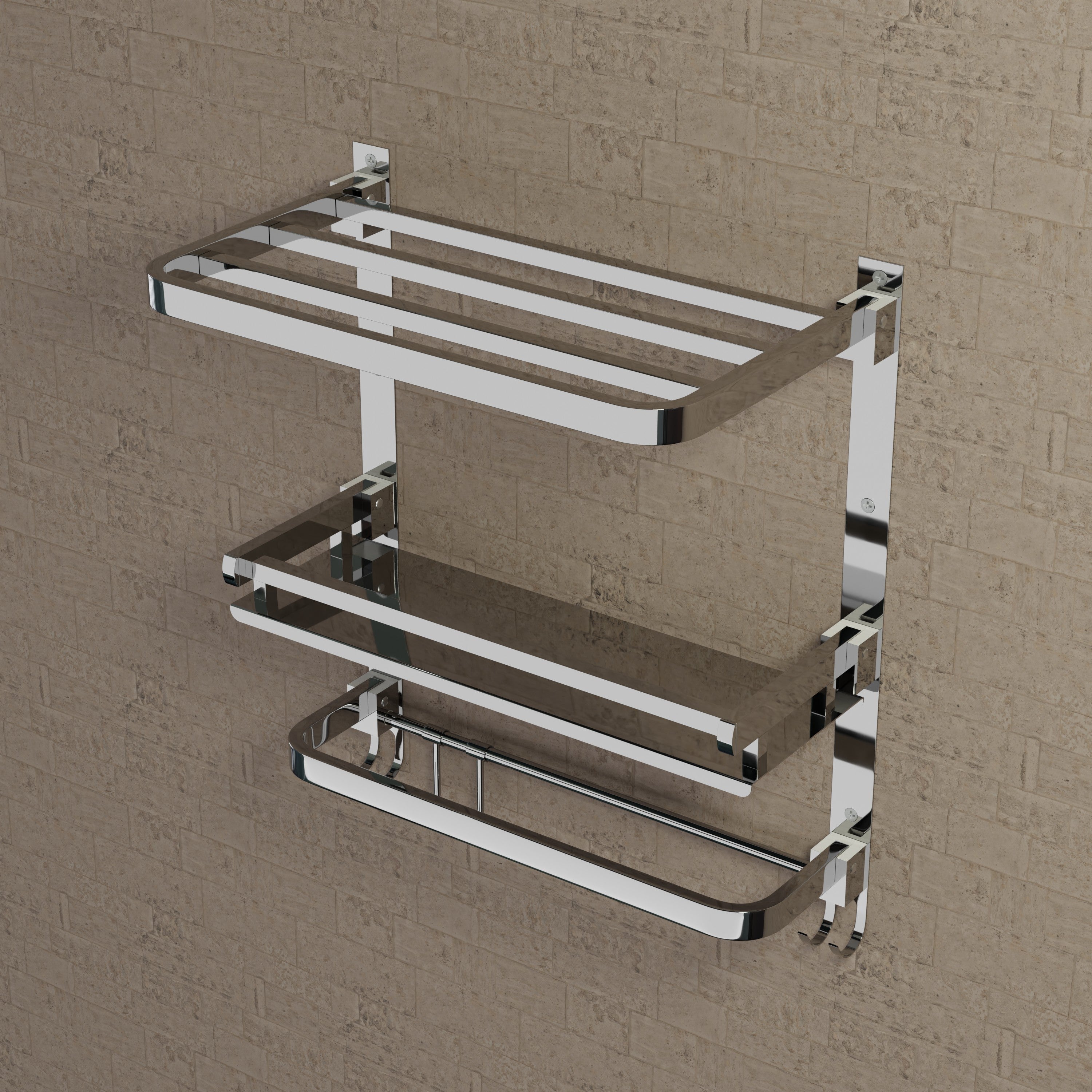 Qeyra (SL-007 Square) Stainless Steel 3 in 1 Foding Rack,Shelf and Rod For Bathroom