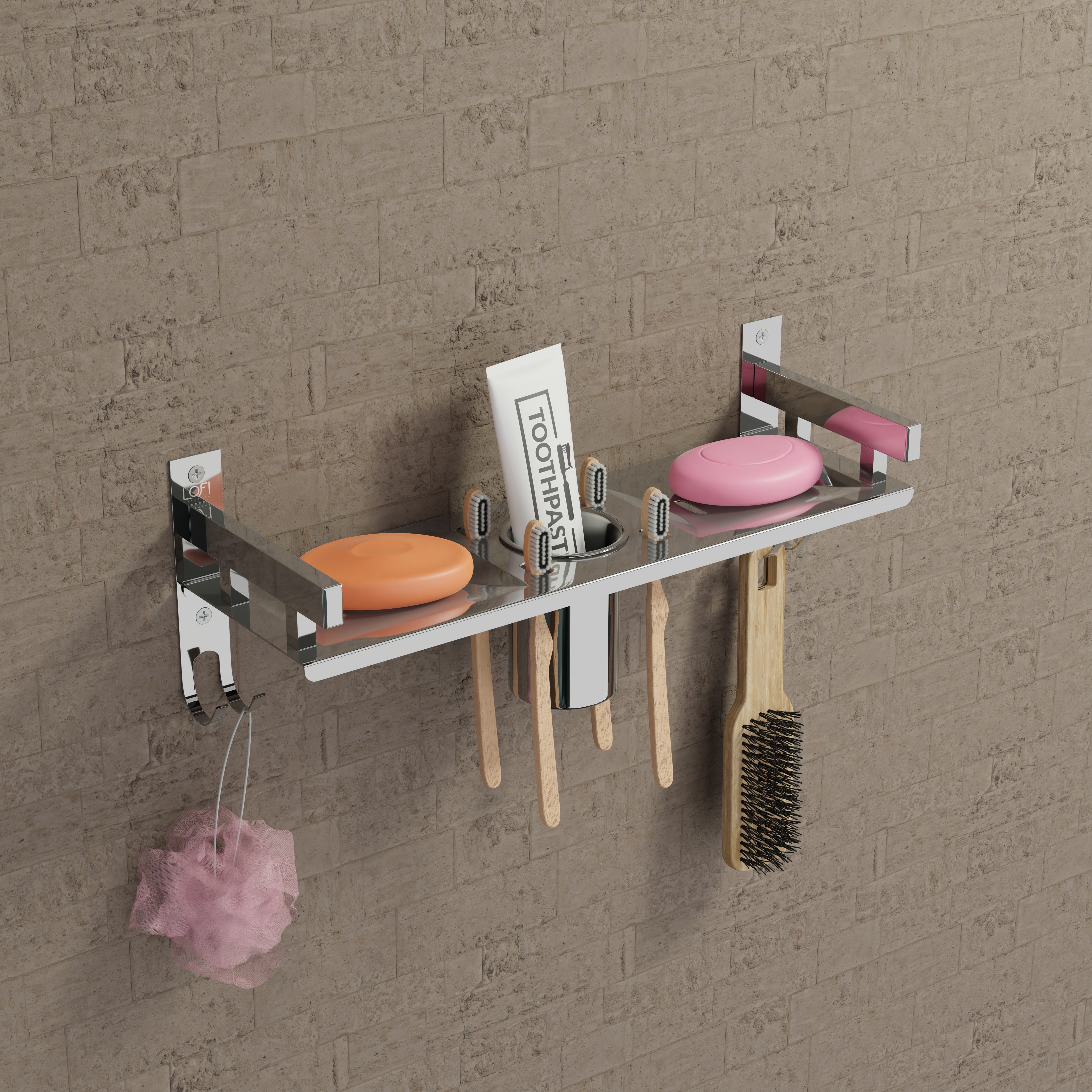 Qeyra (SL-002 Square) Stainless Steel 3 in 1 Multi-use Shelf for Bathroom, Bathroom Shelf, Soap Stand/Tumbler Holder/Toothbrush Holder/Bathroom Stand/Bathroom Rack/Bathroom Accessories (Number of Shelves - 2, (5x15x5 Inches) (Chrome Finish)