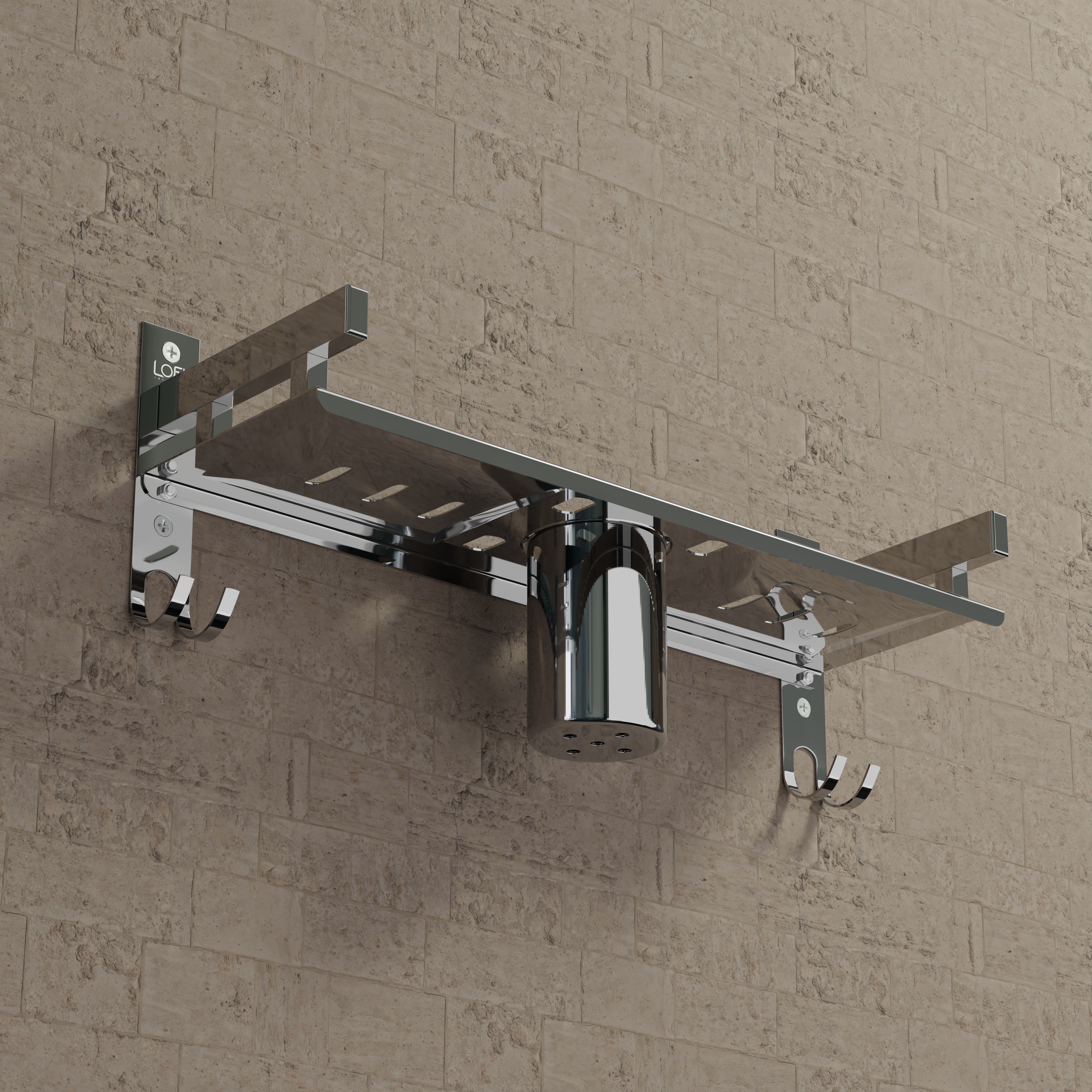 Qeyra (SL-002 Square) Stainless Steel 3 in 1 Multi-use Shelf for Bathroom, Bathroom Shelf, Soap Stand/Tumbler Holder/Toothbrush Holder/Bathroom Stand/Bathroom Rack/Bathroom Accessories (Number of Shelves - 2, (5x15x5 Inches) (Chrome Finish)