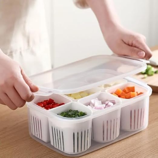 Qeyra Plastic Fridge Storage Boxes Freezer Storage Containers,Container For Kitchen Storage Set,Storage In Kitchen,Vegetable Storage,Draining Crisper Refrigerator Food Box White 6 slot (Pack of 1)