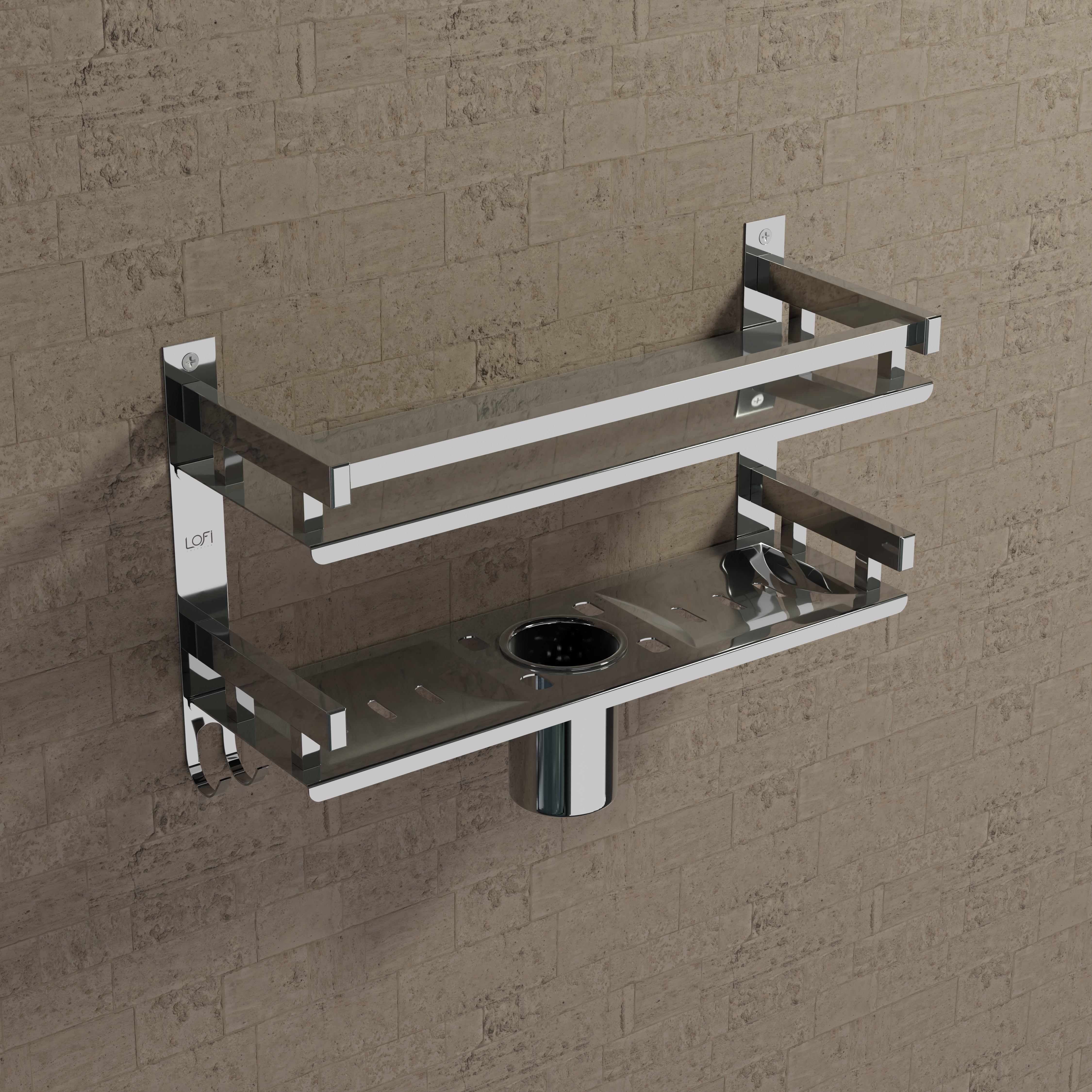 Qeyra (SL-004 Square) Stainless Steel 5 in 1 Multi-use Rack for Bathroom, Bathroom Shelf, Soap Stand/Tumbler Holder/Toothbrush Holder/Bathroom Stand/Bathroom Rack/Bathroom Accessories (Number of Shelves - 2, (5x16x11 Inches)Chrome Finish)