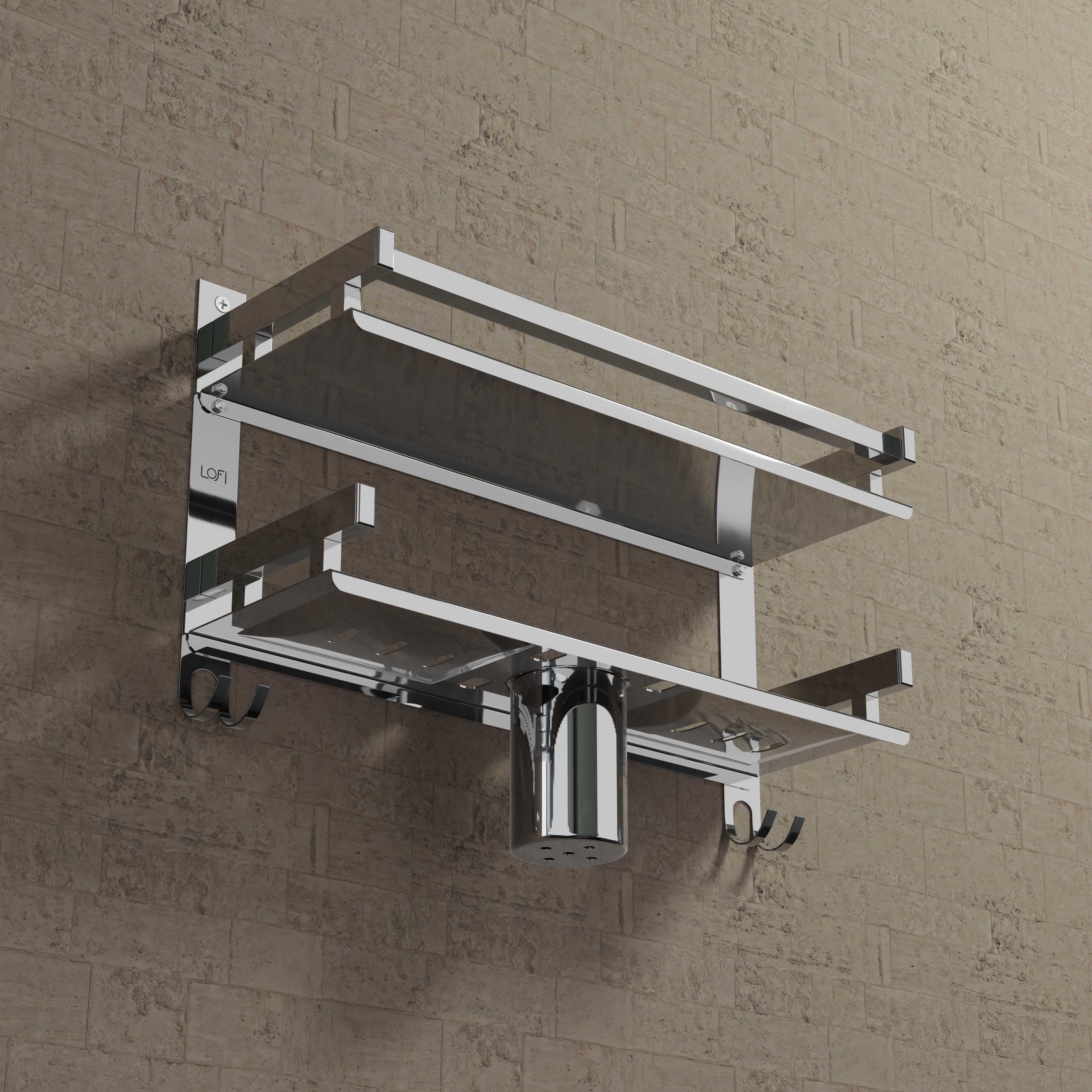 Qeyra (SL-004 Square) Stainless Steel 5 in 1 Multi-use Rack for Bathroom, Bathroom Shelf, Soap Stand/Tumbler Holder/Toothbrush Holder/Bathroom Stand/Bathroom Rack/Bathroom Accessories (Number of Shelves - 2, (5x16x11 Inches)Chrome Finish)