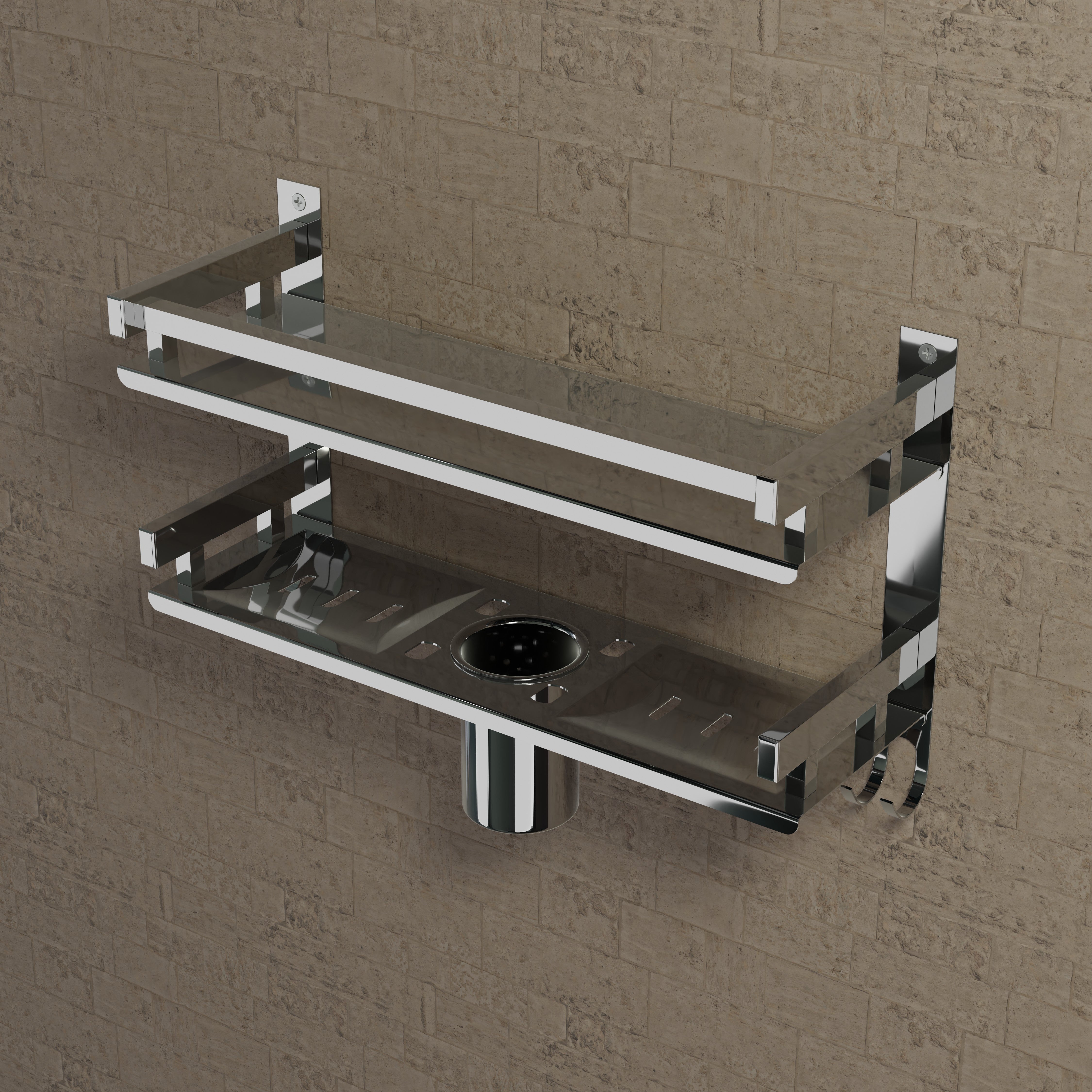 Qeyra (SL-004 Square) Stainless Steel 5 in 1 Multi-use Rack for Bathroom, Bathroom Shelf, Soap Stand/Tumbler Holder/Toothbrush Holder/Bathroom Stand/Bathroom Rack/Bathroom Accessories (Number of Shelves - 2, (5x16x11 Inches)Chrome Finish)