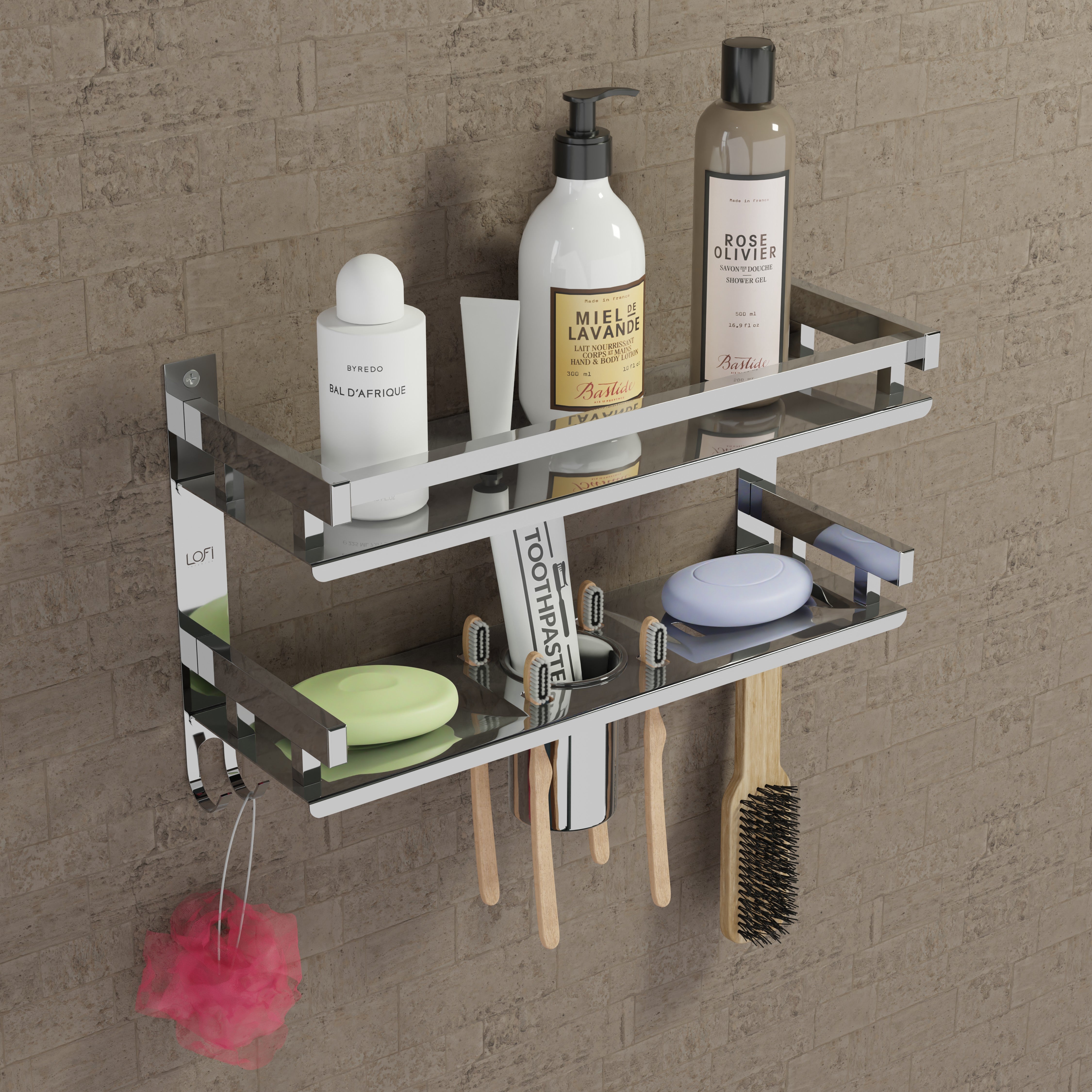 Qeyra (SL-004 Square) Stainless Steel 5 in 1 Multi-use Rack for Bathroom, Bathroom Shelf, Soap Stand/Tumbler Holder/Toothbrush Holder/Bathroom Stand/Bathroom Rack/Bathroom Accessories (Number of Shelves - 2, (5x16x11 Inches)Chrome Finish)
