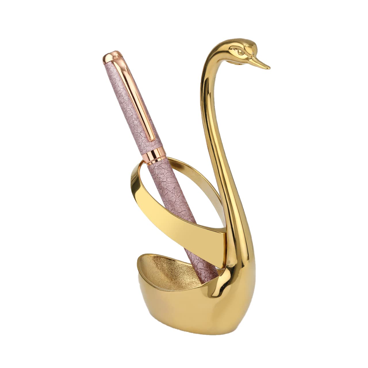 Qeyra Cubes (CA - 006) Swan Gold Pvd Pen Stand With Pen (1 Nos.) | Elegant Office Tabletop Accessory | Stylish Stationery Holder | Ideal for Corporate Gifts & Premium Packing (Stand & 1 Pen)- Gold PVD