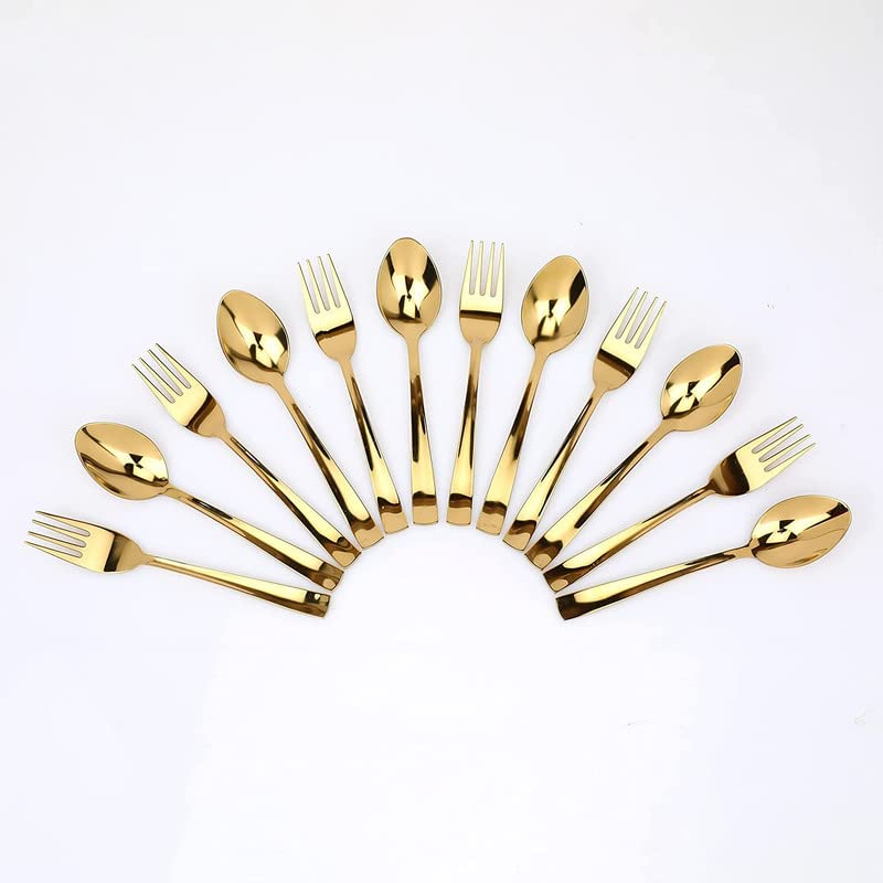 Qeyra Cubes 12 Pieces Stainless Steel PVD Gold Premium Dinner Spoon Set for Home & Kitchen | Luxury Dining Tableware Latest Chammach Set Gift | 6 Pieces Each Table Spoons & Table Forks.