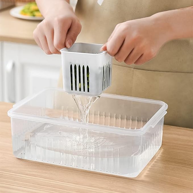 Qeyra Plastic Fridge Storage Boxes Freezer Storage Containers,Container For Kitchen Storage Set,Storage In Kitchen,Vegetable Storage,Draining Crisper Refrigerator Food Box White 6 slot (Pack of 1)