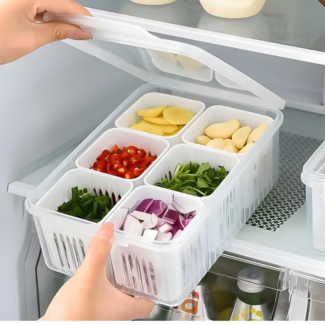 Qeyra Plastic Fridge Storage Boxes Freezer Storage Containers,Container For Kitchen Storage Set,Storage In Kitchen,Vegetable Storage,Draining Crisper Refrigerator Food Box White 6 slot (Pack of 1)