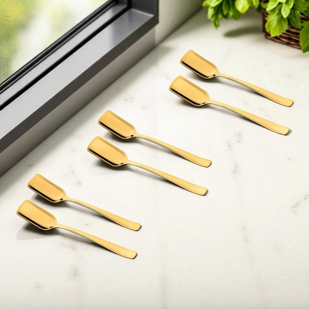 Qeyra Cubes 6 Pieces Stainless Steel PVD Gold Premium Ice cream Spoon for Home & Kitchen | Luxury Dining Tableware Latest Chammach Set Gift | (6 Pieces of Ice Cream Spoon)