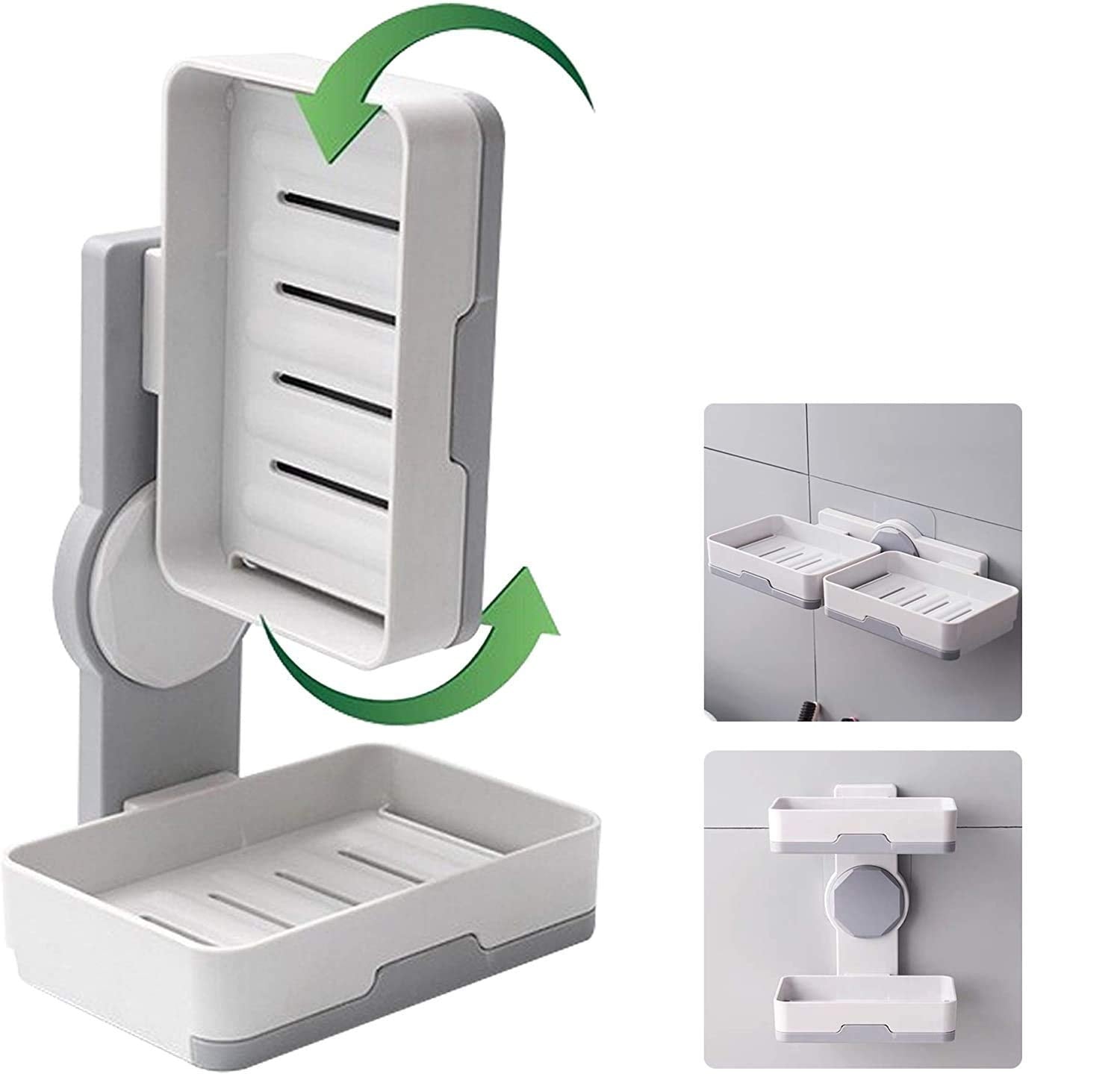 Qeyra Plastic Wall Mounted Double Layers Soap Dish Saver with Drain Tray, Adhesive Sponge Holder No-Drilling Soap Holder for Shower Bathroom & Kitchen