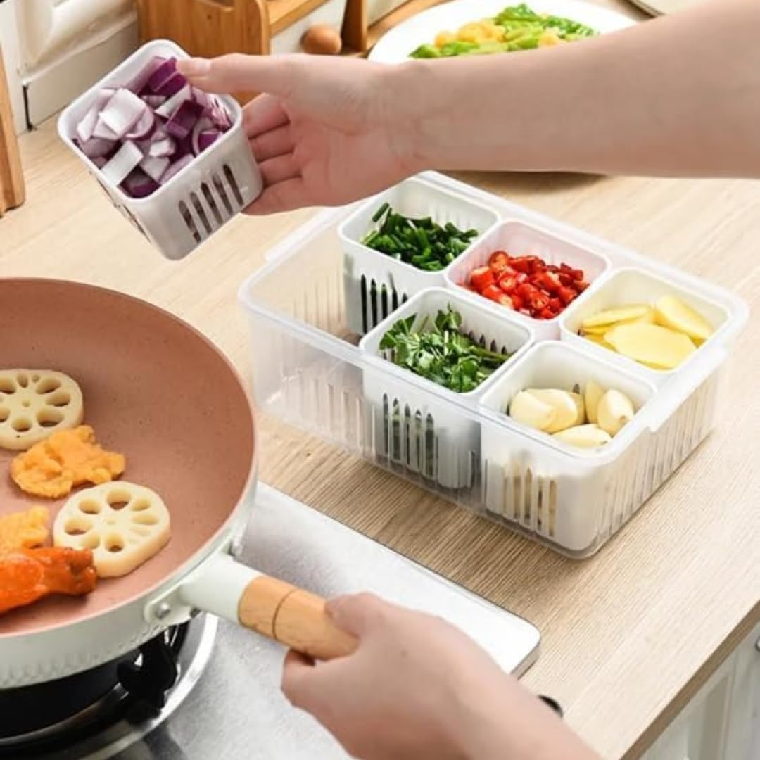 Qeyra Plastic Fridge Storage Boxes Freezer Storage Containers,Container For Kitchen Storage Set,Storage In Kitchen,Vegetable Storage,Draining Crisper Refrigerator Food Box White 6 slot (Pack of 1)