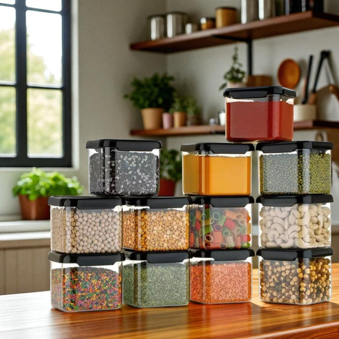 Qeyra Airtight Square Shape Container | Kitchen Storage Container Set | Plastic Storage Jar (Pack of 12)