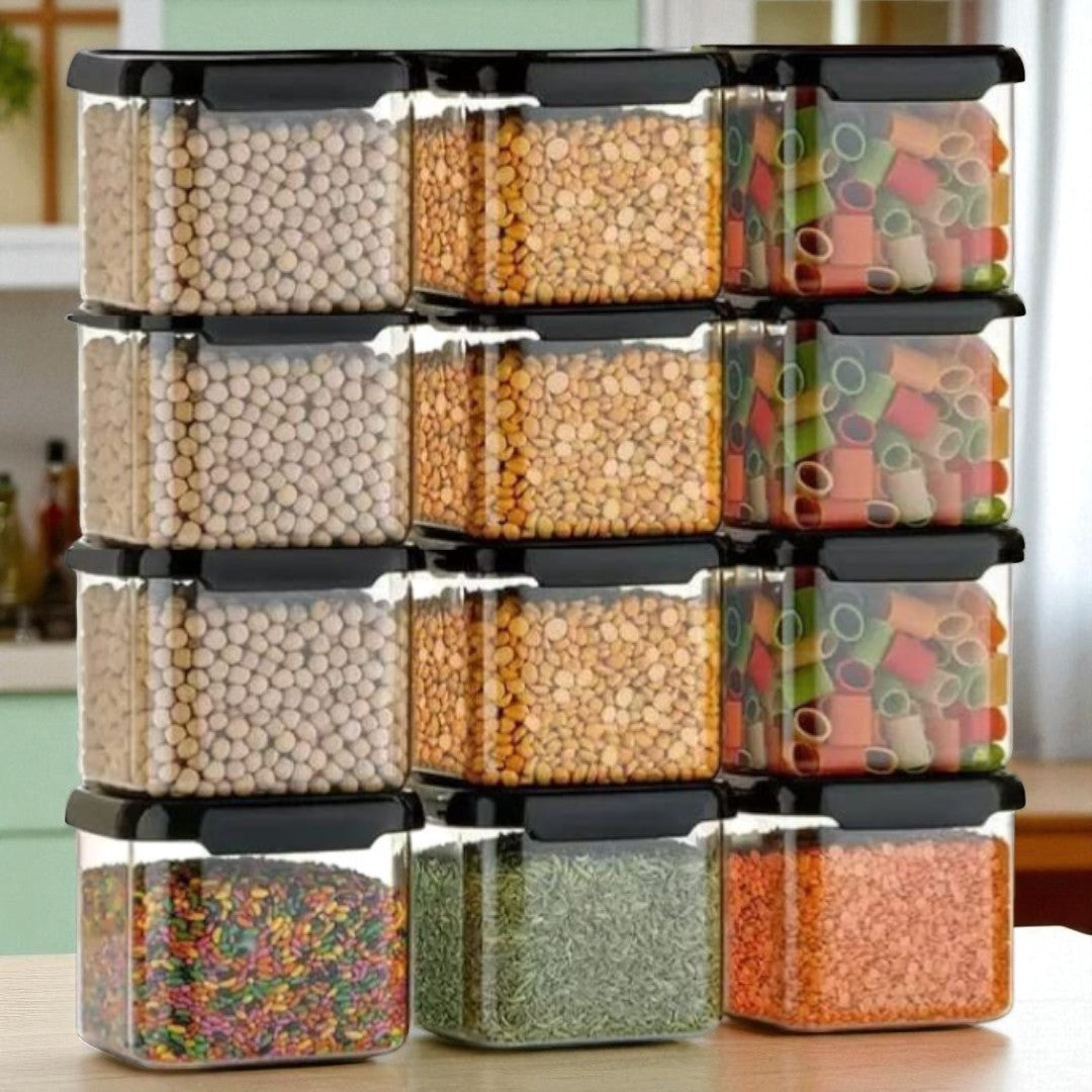 Qeyra Airtight Square Shape Container | Kitchen Storage Container Set | Plastic Storage Jar (Pack of 12)