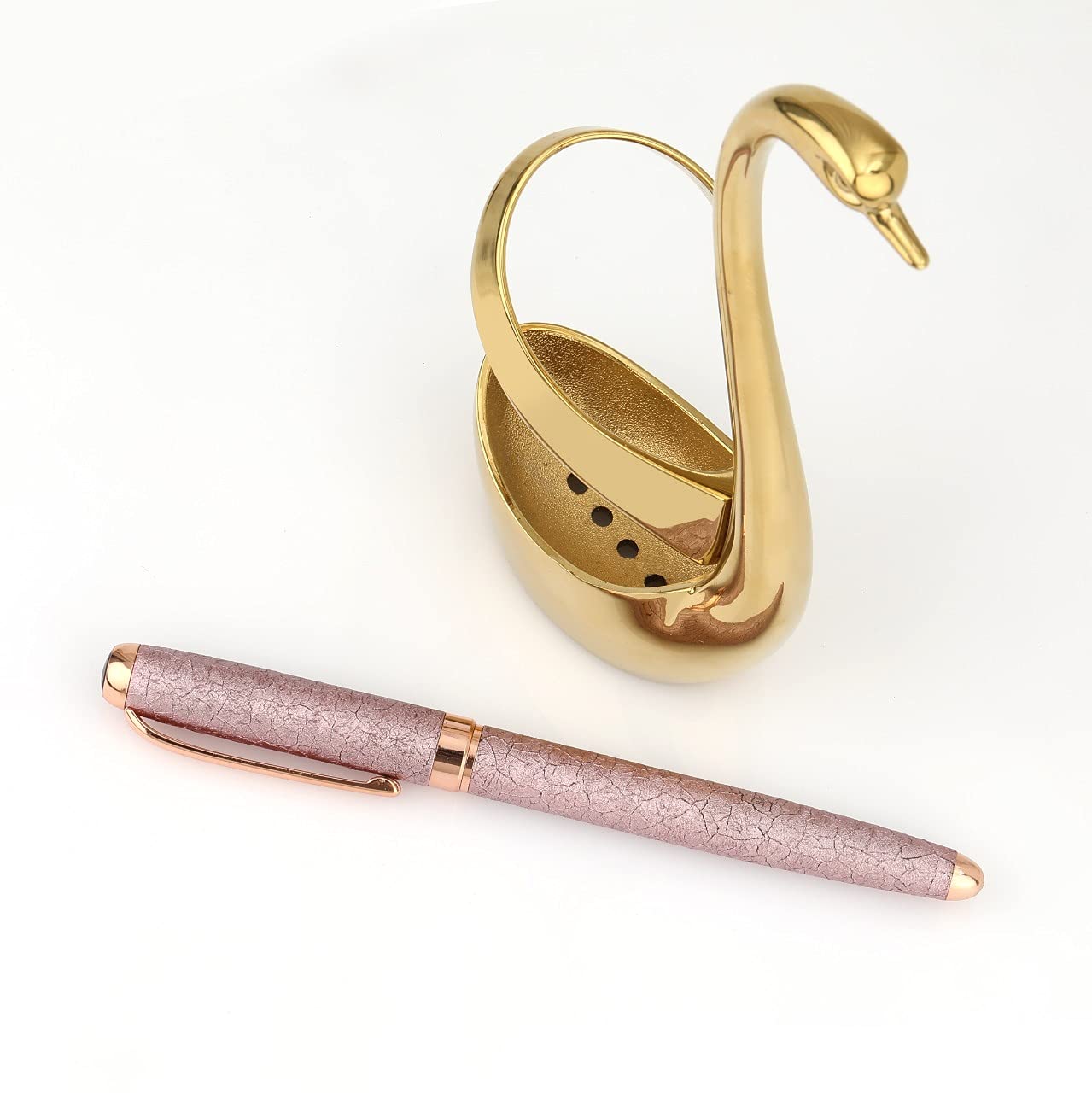 Qeyra Cubes (CA - 006) Swan Gold Pvd Pen Stand With Pen (1 Nos.) | Elegant Office Tabletop Accessory | Stylish Stationery Holder | Ideal for Corporate Gifts & Premium Packing (Stand & 1 Pen)- Gold PVD