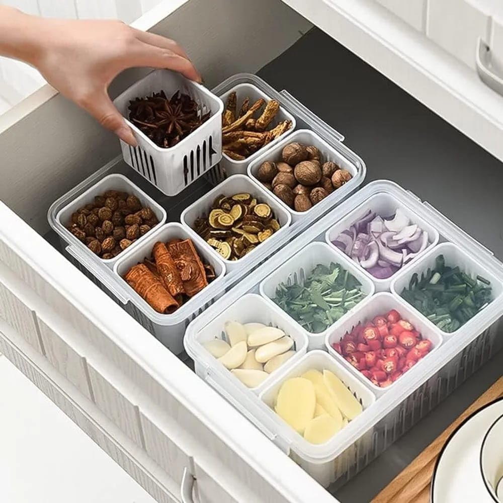 Qeyra Plastic Fridge Storage Boxes Freezer Storage Containers,Container For Kitchen Storage Set,Storage In Kitchen,Vegetable Storage,Draining Crisper Refrigerator Food Box White 6 slot (Pack of 1)