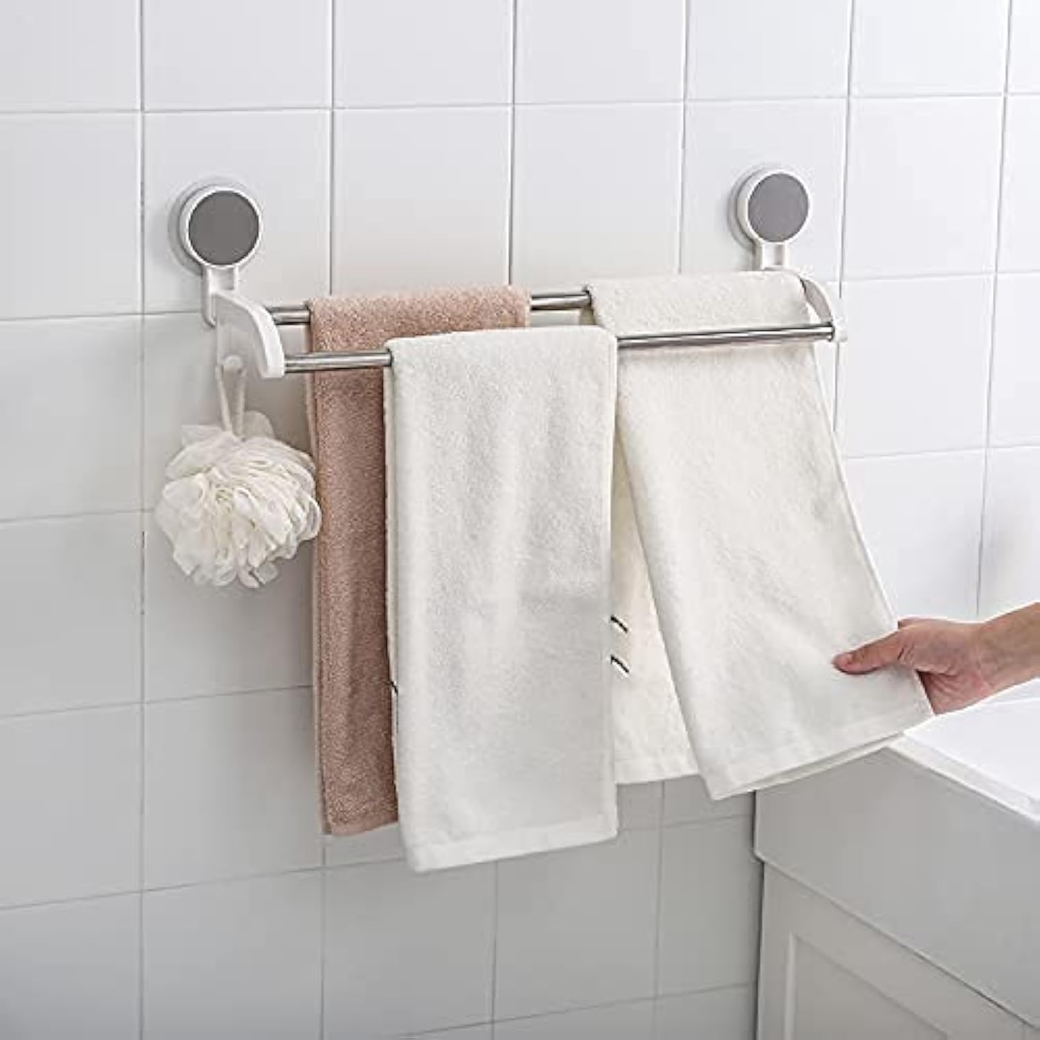 Qeyra Bathroom Accessories Set of 4 – Soap Holder, Long Soap Dish, Toothbrush Holder & Double Towel Bar | No-Drill Self Adhesive Wall Mount