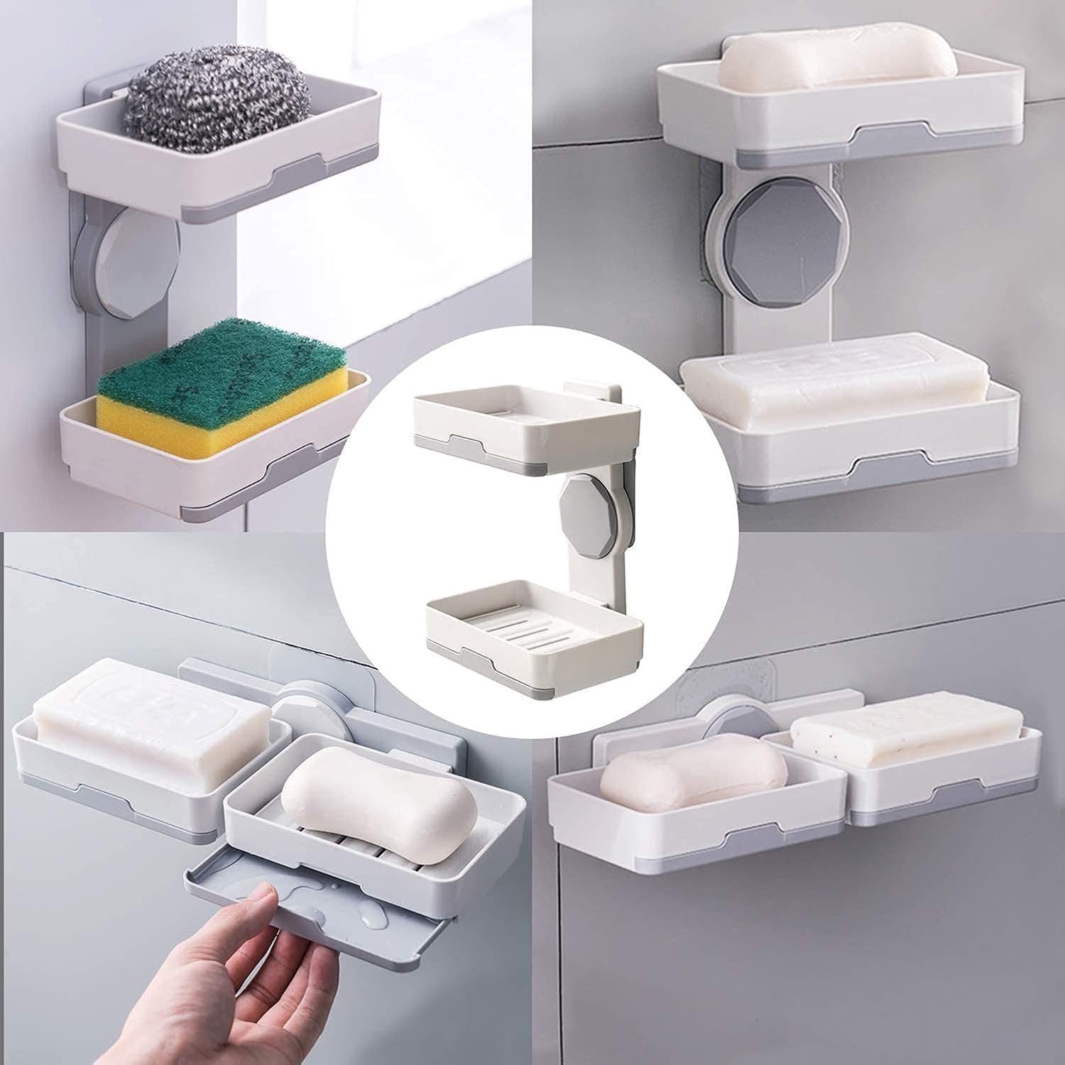 Qeyra Plastic Wall Mounted Double Layers Soap Dish Saver with Drain Tray, Adhesive Sponge Holder No-Drilling Soap Holder for Shower Bathroom & Kitchen