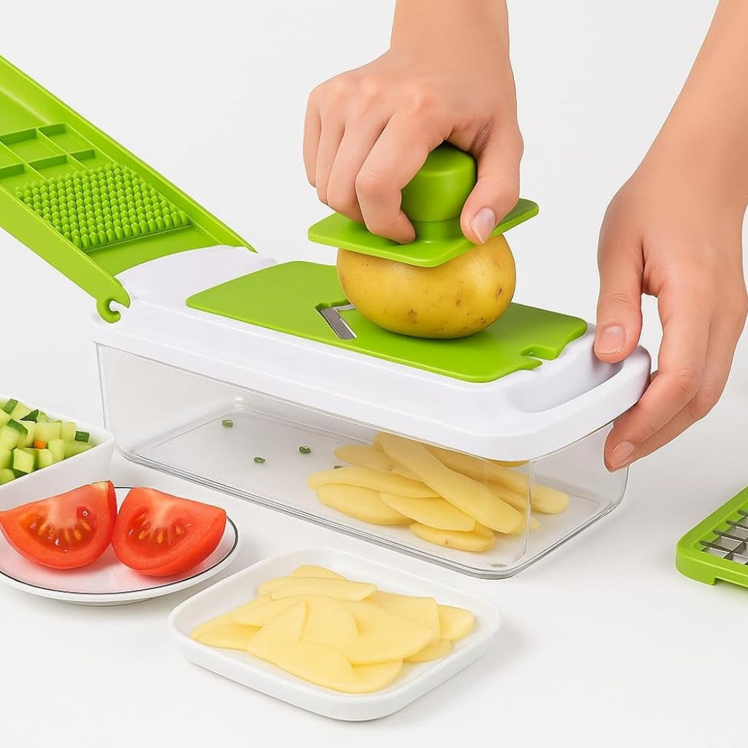 Qeyra 15 in 1 Multipurpose Chopper, Fruits & Vegetable Cutters, Grater Peeler Chipser, Unbreakable Food Grade Body, Easy Push to Clean Button Slicer Dicer, Chopper for Kitchen (Green, Plastic)