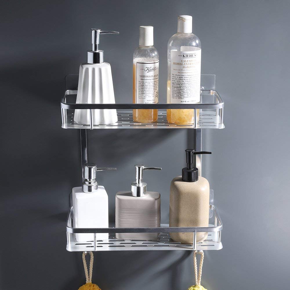 Qeyra Matrix (MP-5203) Multipurpose Stainless Steel Bathroom 2 layers Shelf with Hooks//Rack for Bathroom Storage/Bathroom Accessories/Wall Mounted (5x15 inches/Chrome Plating)