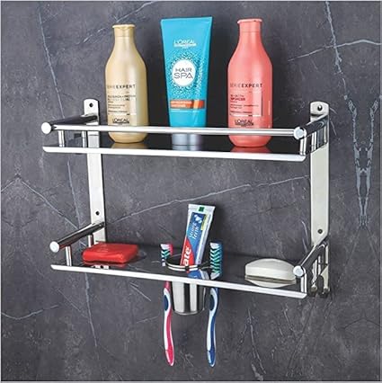 Qeyra (SO-5111) Stainless Steel 5 in 1 Multi-use Rack for Bathroom, Bathroom Shelf, Soap Stand/Tumbler Holder/Toothbrush Holder/Bathroom Stand/Bathroom Rack/Bathroom Accessories (Number of Shelves - 2, (5x16x11 Inches)Chrome Finish)