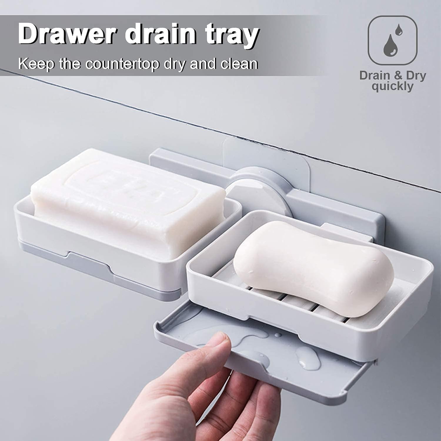 Qeyra Plastic Wall Mounted Double Layers Soap Dish Saver with Drain Tray, Adhesive Sponge Holder No-Drilling Soap Holder for Shower Bathroom & Kitchen