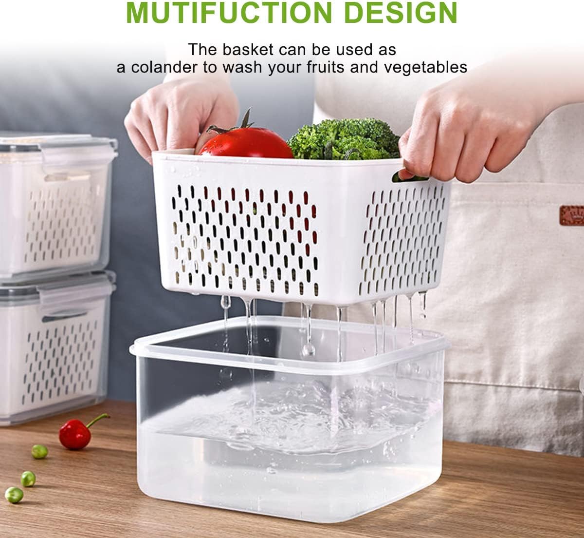 Qeyra Stackable Vegetable and Fruit Fridge Storage Container With Removable Drain Strainers, BPA-Free Plastic Produce Keepers, 4 Pack Container Set with Lids with Strainer(4500ML+2600ML+1400ML+600ML)