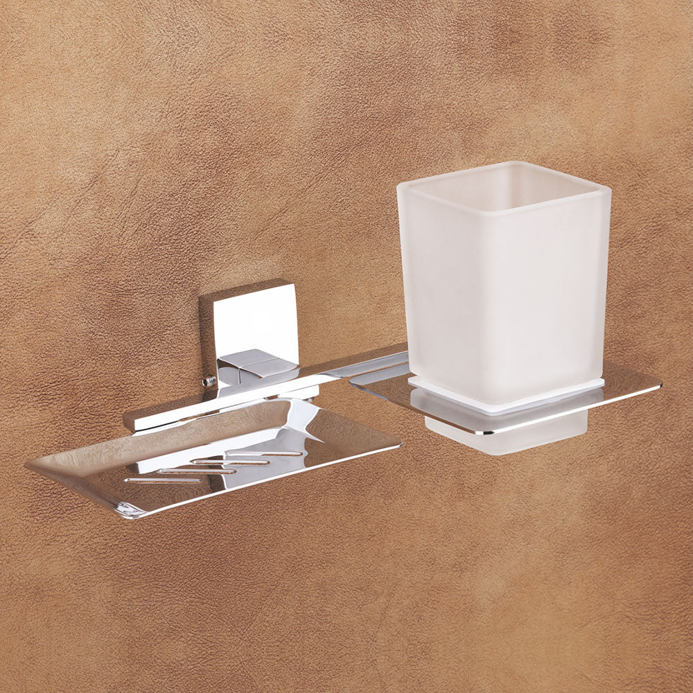 Qeyra Square Stainless Steel 304 Grade 2in1 Soap Dish with Tooth brush Holder/Soap Stand/Tumbler Holder/Bathroom Accessories - Chrome Plating