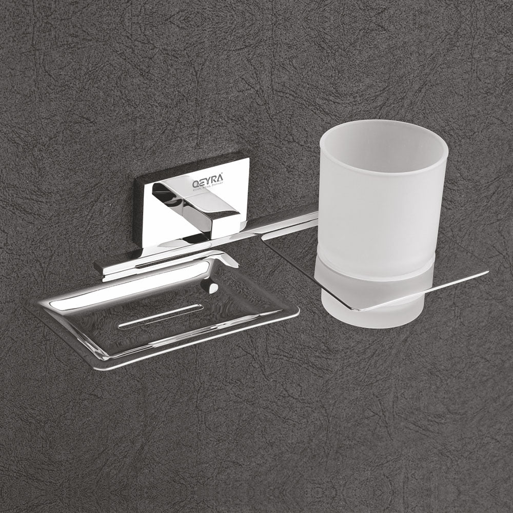Qeyra Classy Stainless Steel 304 Grade 2in1 Soap Dish with Tooth brush Holder/Soap Stand/Tumbler Holder/Bathroom Accessories - Chrome Plating