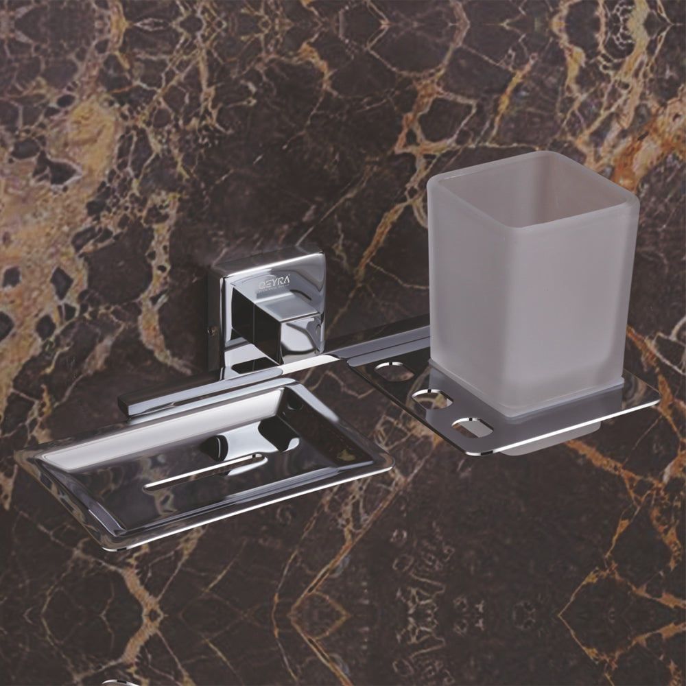 Qeyra Olive Stainless Steel 304 Grade 2in1 Soap Dish with Tooth brush Holder/Soap Stand/Tumbler Holder/Bathroom Accessories - Chrome Plating