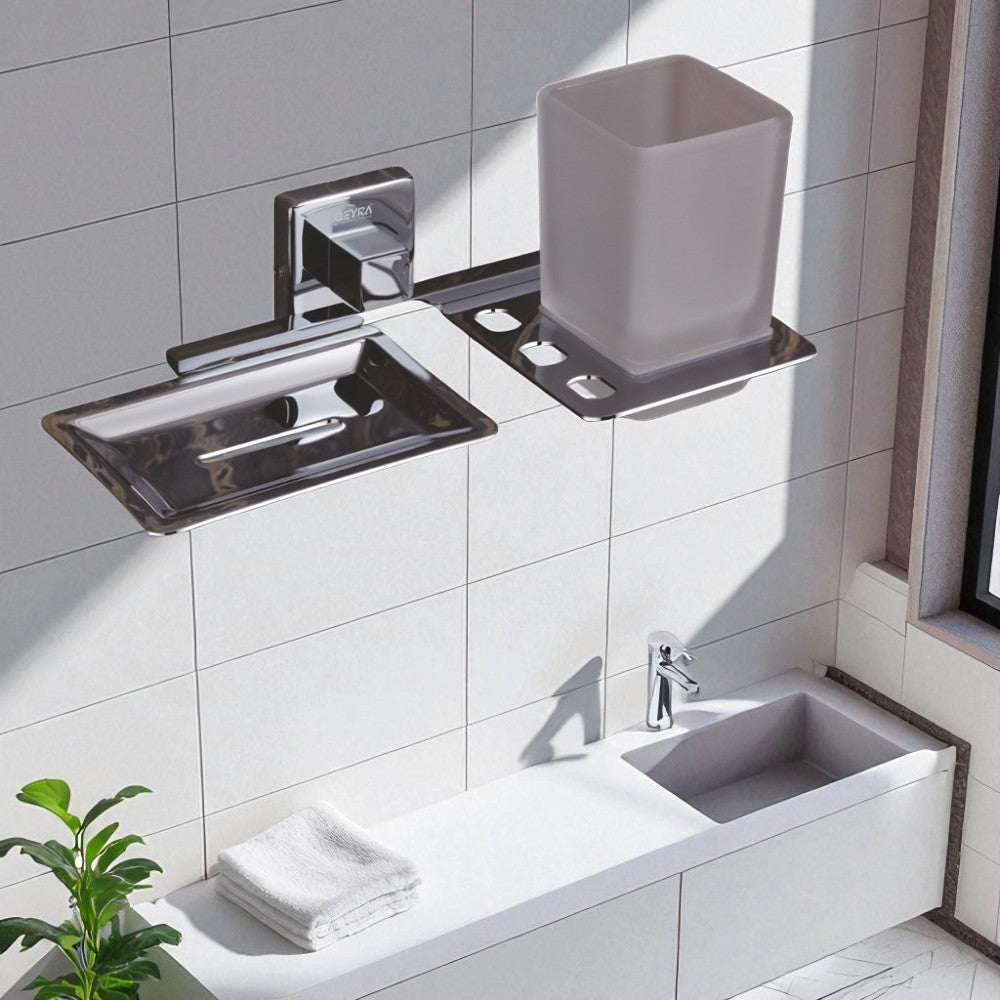 Qeyra Olive Stainless Steel 304 Grade 2in1 Soap Dish with Tooth brush Holder/Soap Stand/Tumbler Holder/Bathroom Accessories - Chrome Plating