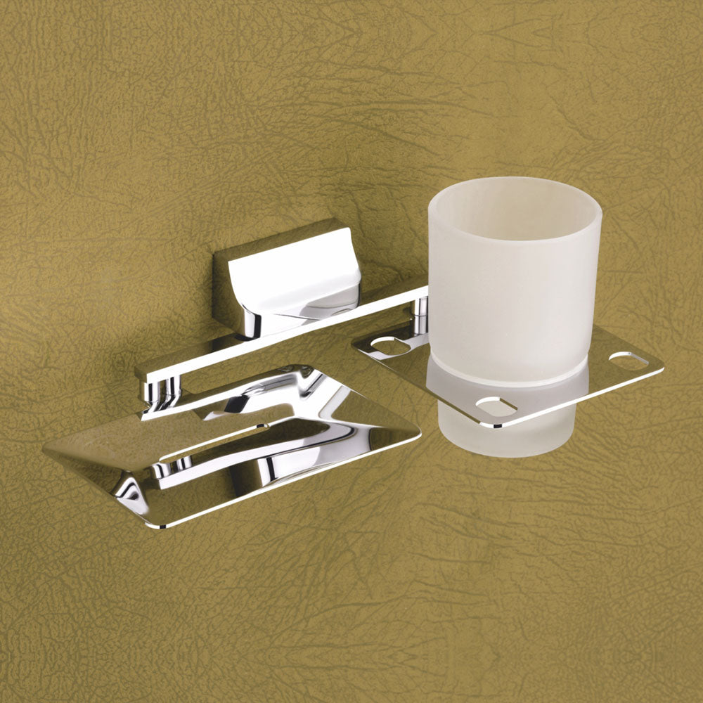 Qeyra Opera Stainless Steel 304 Grade 2in1 Glass Soap Dish with Glass Tooth brush Holder/Soap Stand/Tumbler Holder/Bathroom Accessories - Chrome Plating