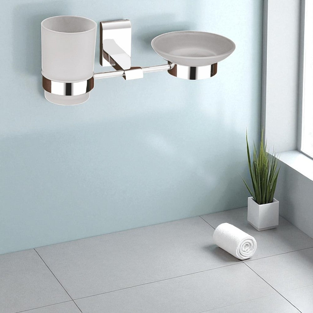 Qeyra Royal Stainless Steel 304 Grade 2in1 Soap Dish with Tooth brush Holder/Soap Stand/Tumbler Holder/Bathroom Accessories - Chrome Plating