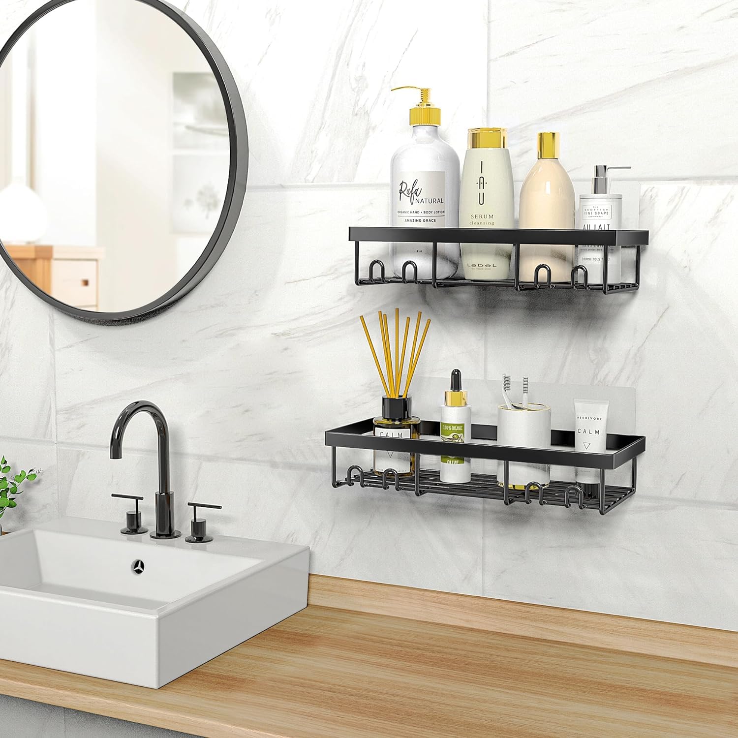 Qeyra 2-Pack Shower Caddy, Adhesive Bath Shelf with Hooks, Stainless Steel 304 Rust Resistant Bathtub Accessories Organizer, Storage Rack Shampoo Rack Wall Mounted Organizer(Black)