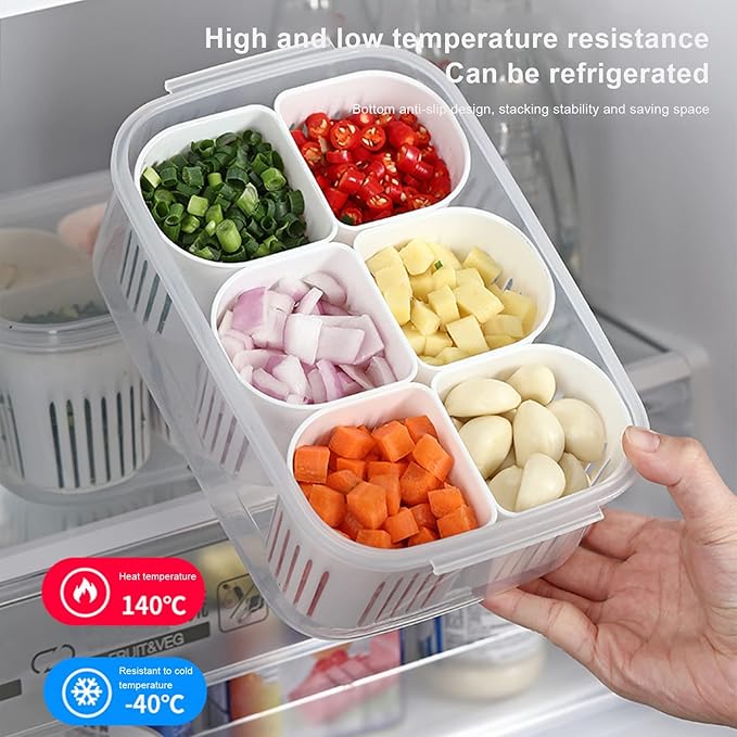 Qeyra Plastic Fridge Storage Boxes Freezer Storage Containers,Container For Kitchen Storage Set,Storage In Kitchen,Vegetable Storage,Draining Crisper Refrigerator Food Box White 6 slot (Pack of 1)
