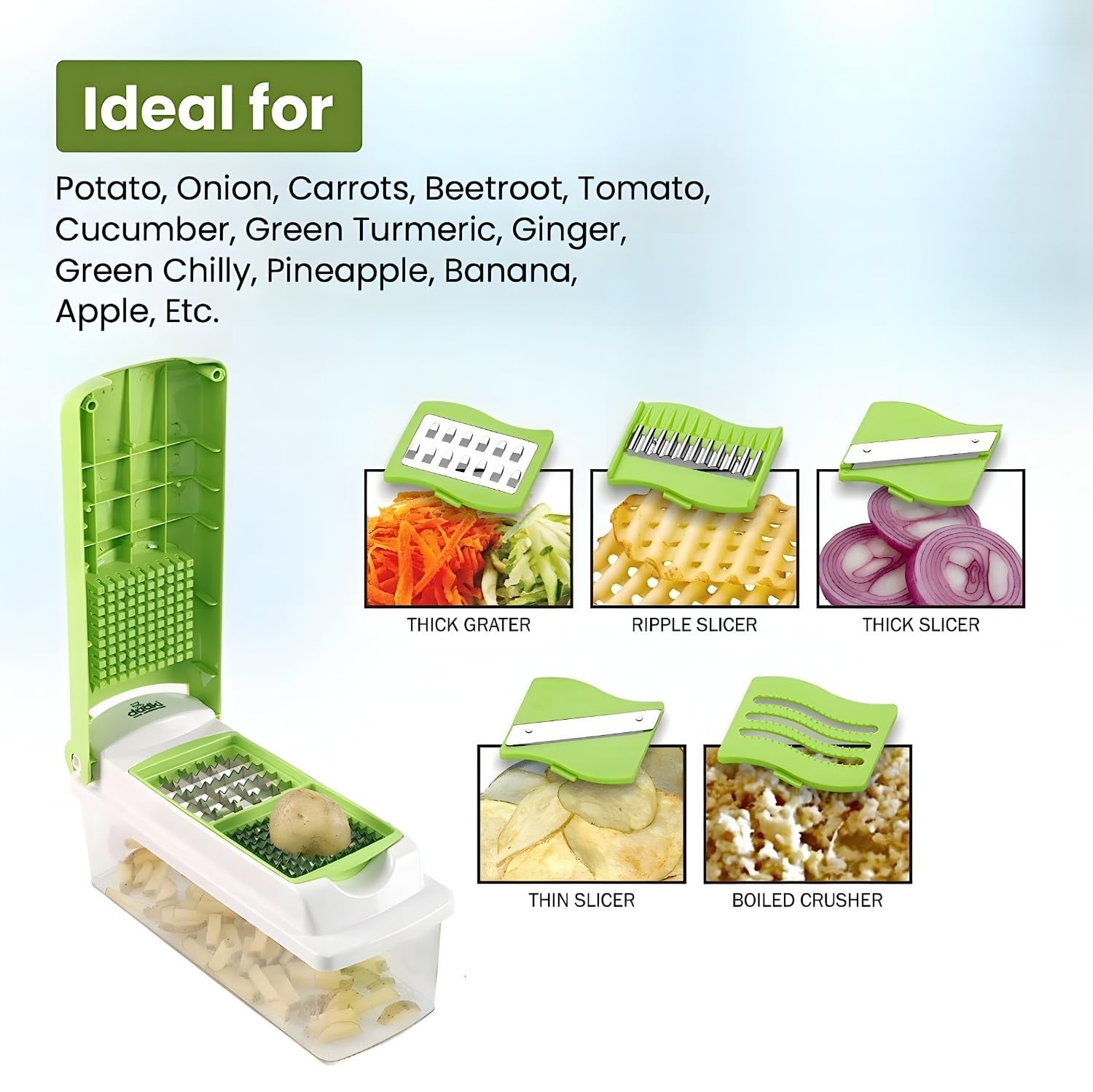 Qeyra 15 in 1 Multipurpose Chopper, Fruits & Vegetable Cutters, Grater Peeler Chipser, Unbreakable Food Grade Body, Easy Push to Clean Button Slicer Dicer, Chopper for Kitchen (Green, Plastic)