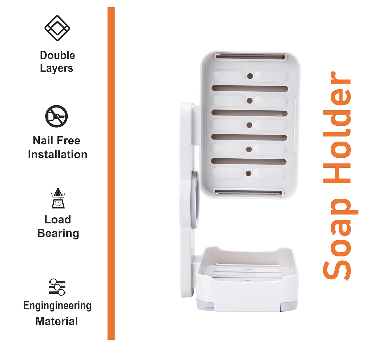 Qeyra Plastic Wall Mounted Double Layers Soap Dish Saver with Drain Tray, Adhesive Sponge Holder No-Drilling Soap Holder for Shower Bathroom & Kitchen