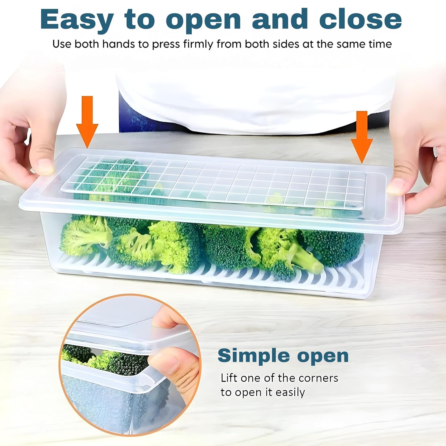 Qeyra Fridge Storage Boxes Fridge Organizer with Removable Drain Plate and Lid Stackable Fridge Storage Containers Plastic Freezer Storage Containers for Fish, Vegetables, Fruits (Pack of 6)