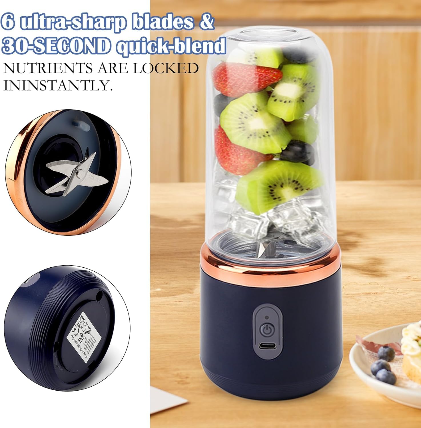 Qlect Portable Blender Electric Juicers Fruit Mixers USB Rechargeable Smoothie Mini Personal Juicer 6 Blades 3Gears With 1500 Mah Rechargeable Battery-Smoothie Blender(Blue)