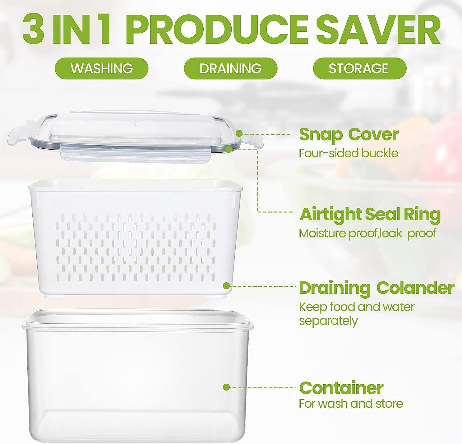 Qeyra Stackable Vegetable and Fruit Fridge Storage Container With Removable Drain Strainers, BPA-Free Plastic Produce Keepers, 4 Pack Container Set with Lids with Strainer(4500ML+2600ML+1400ML+600ML)